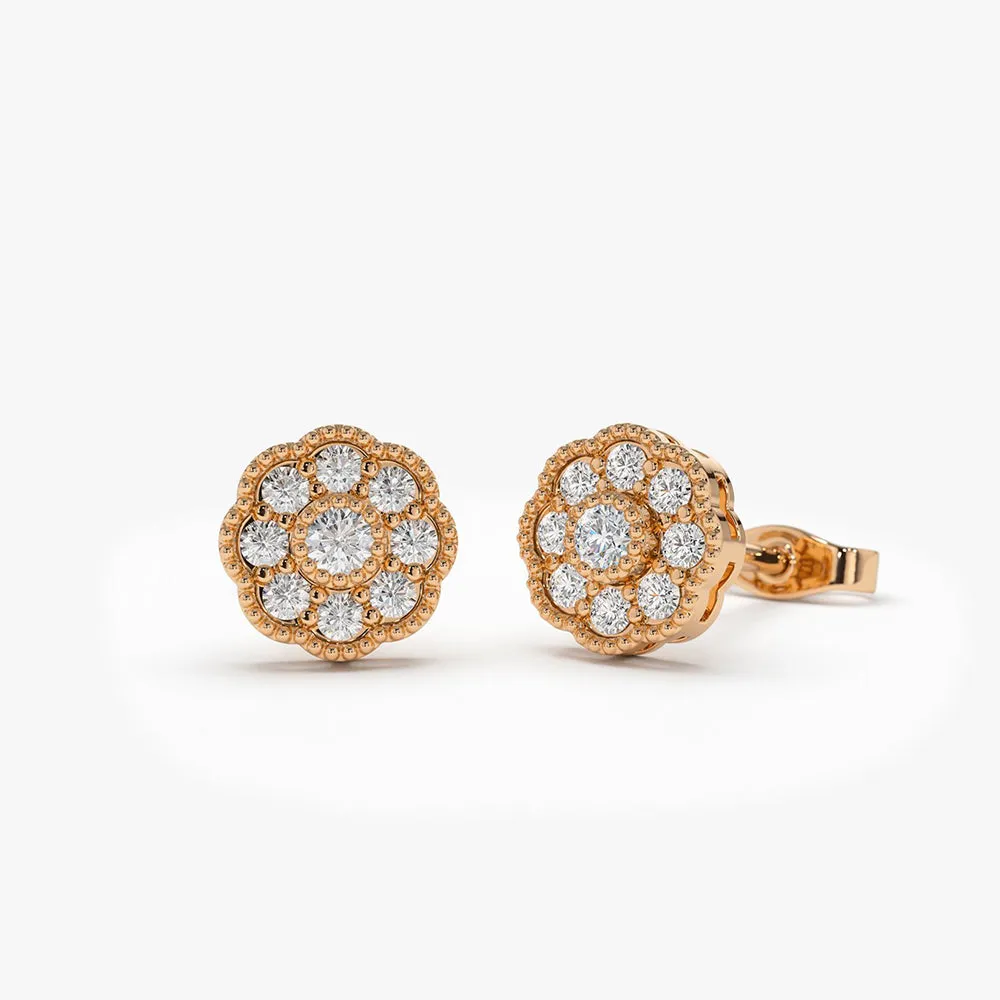 14k Floral Design Diamond Studs