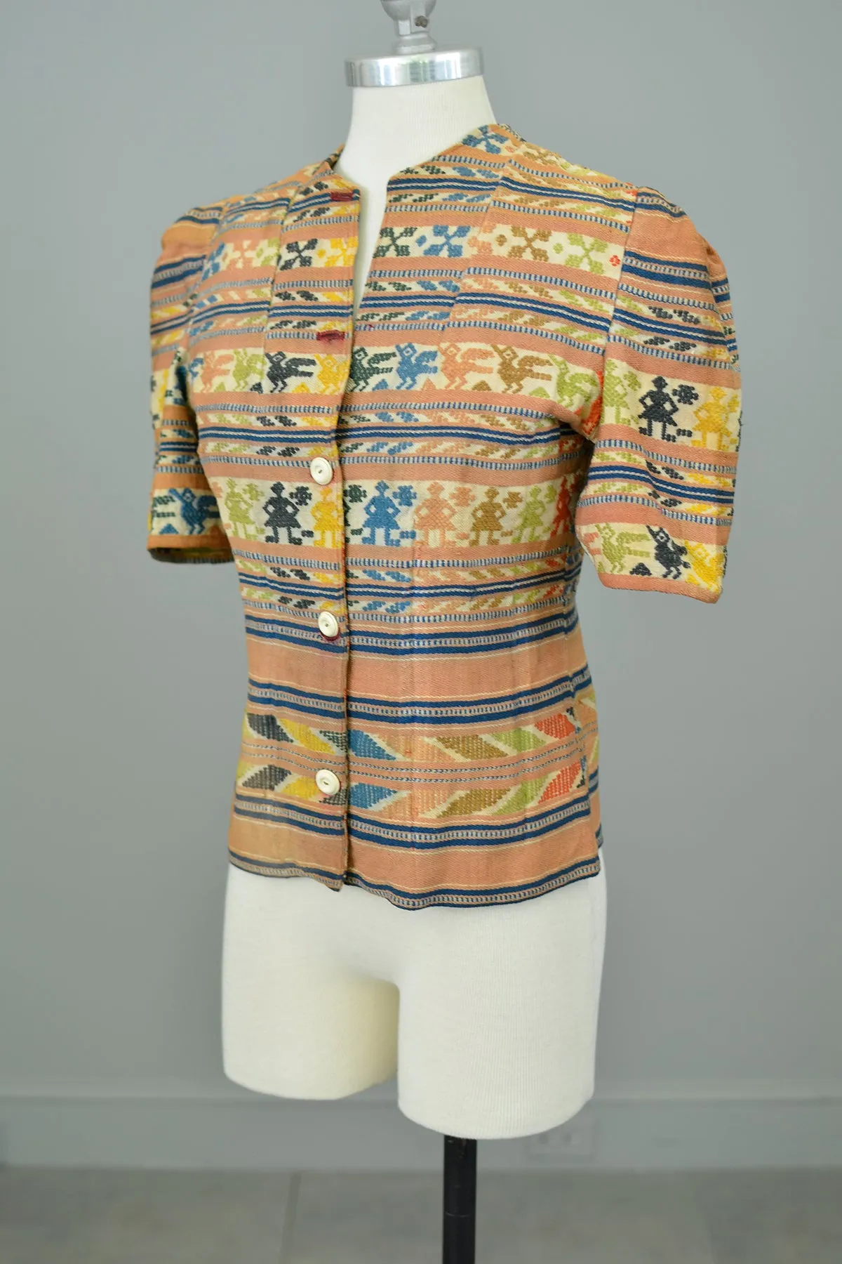 1930s Hand Woven People   Birds Puff Sleeve Jacket | As is needs work