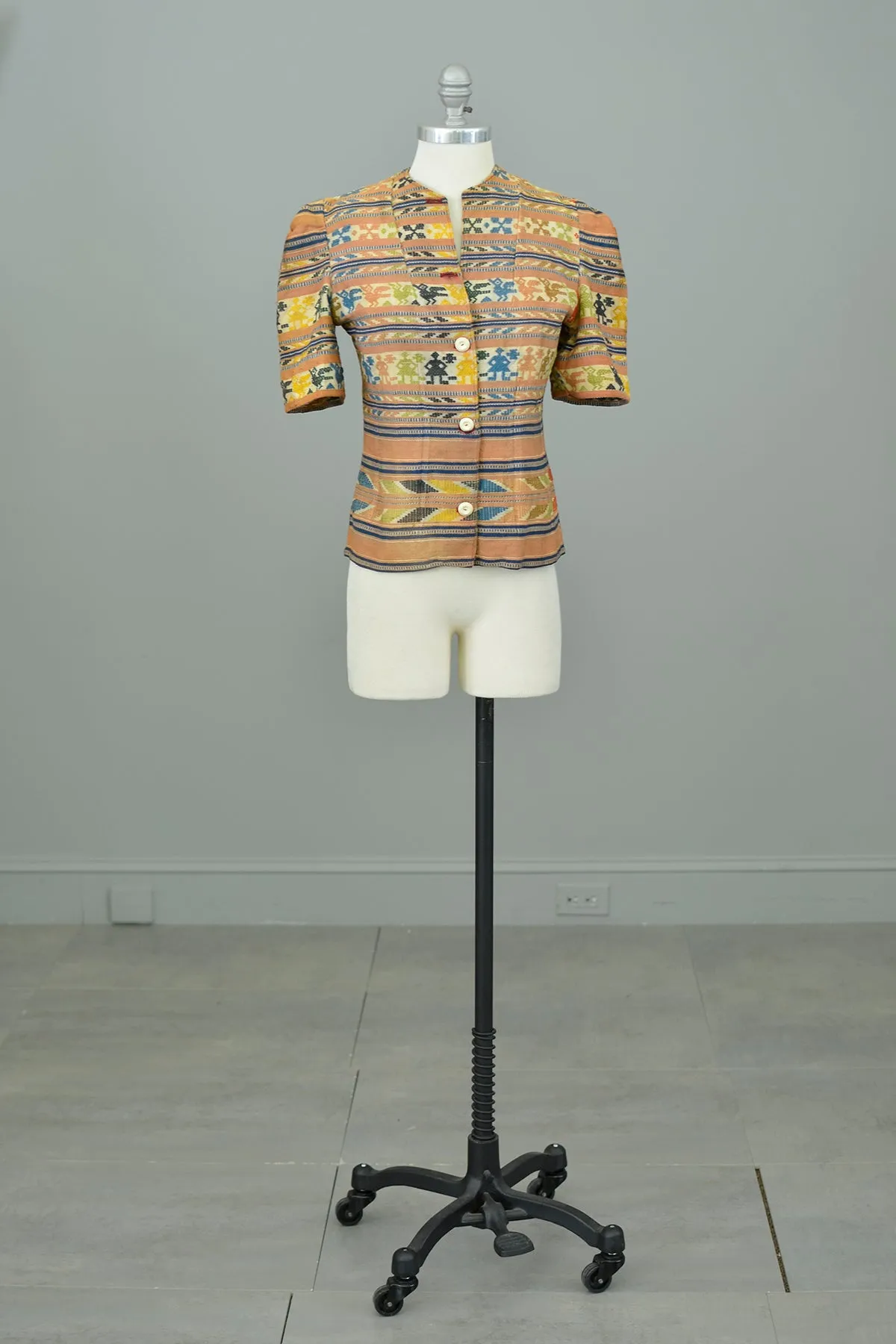 1930s Hand Woven People   Birds Puff Sleeve Jacket | As is needs work