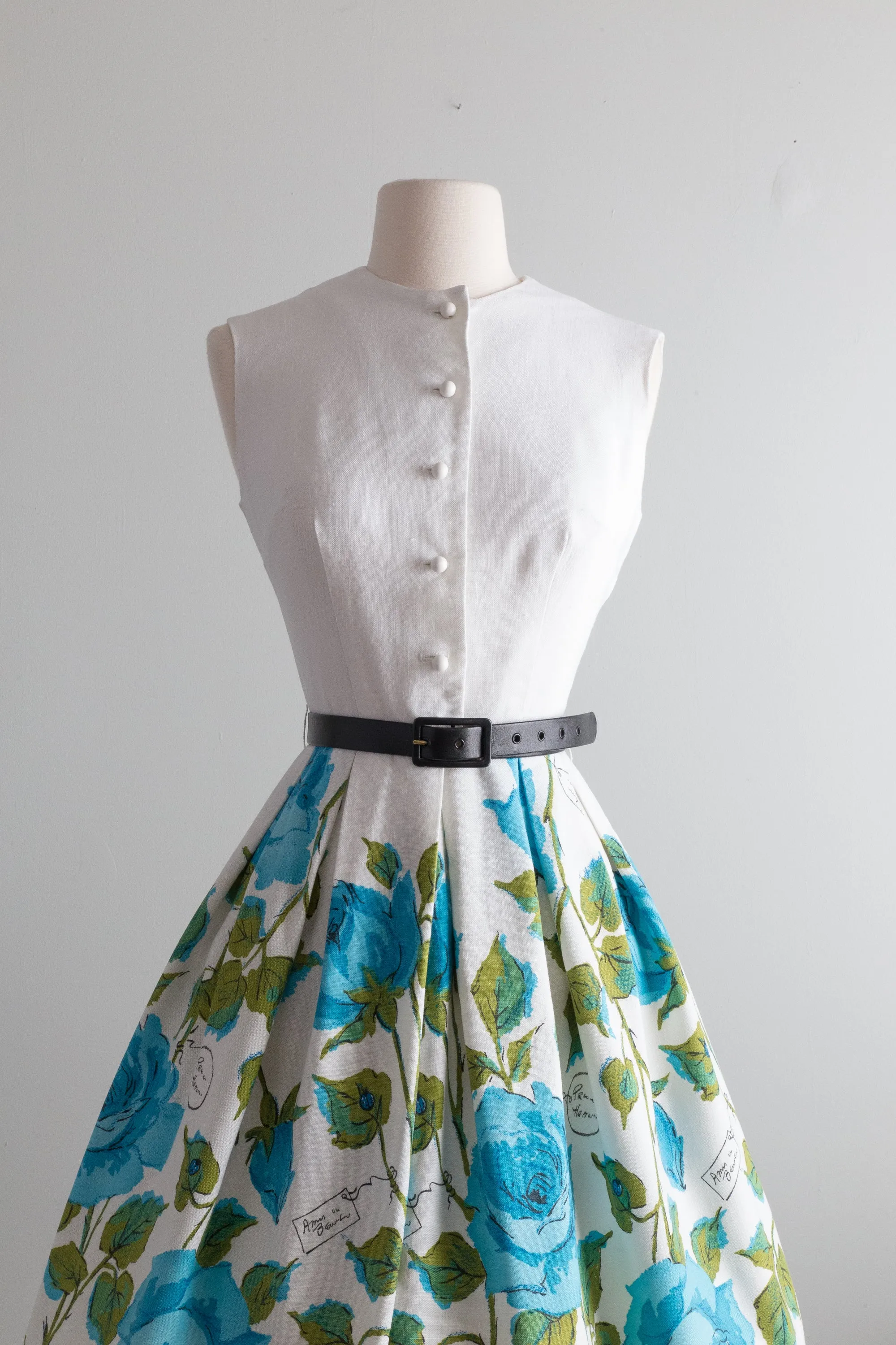 1950's Novelty Print Blue Roses Cotton Dress With Script / XS