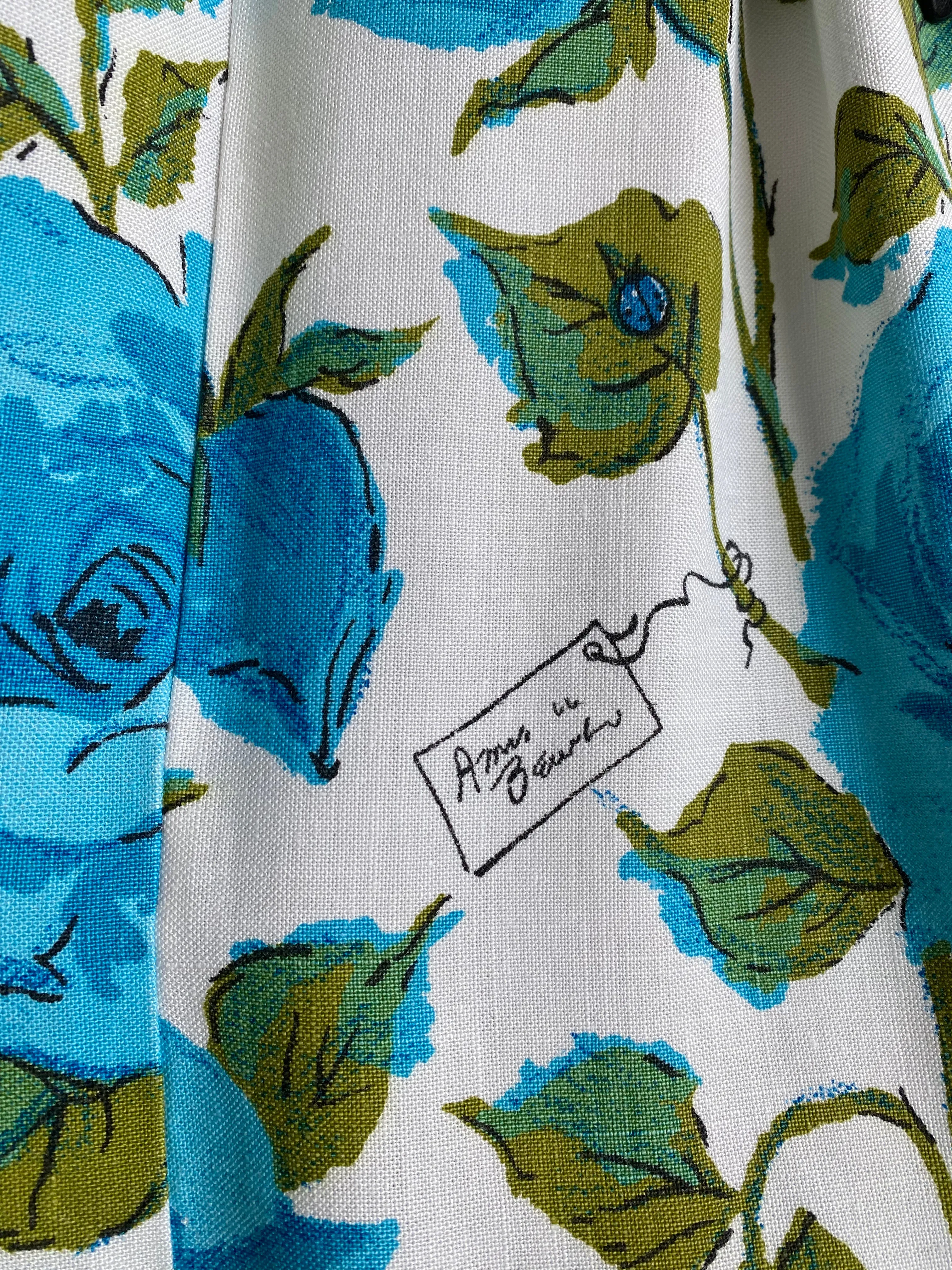 1950's Novelty Print Blue Roses Cotton Dress With Script / XS