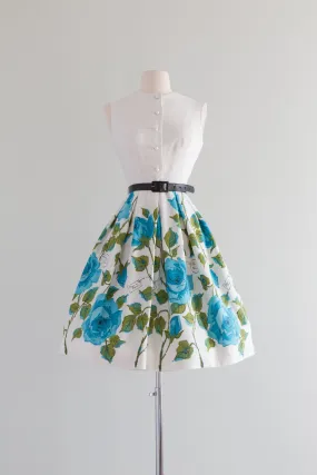 1950's Novelty Print Blue Roses Cotton Dress With Script / XS