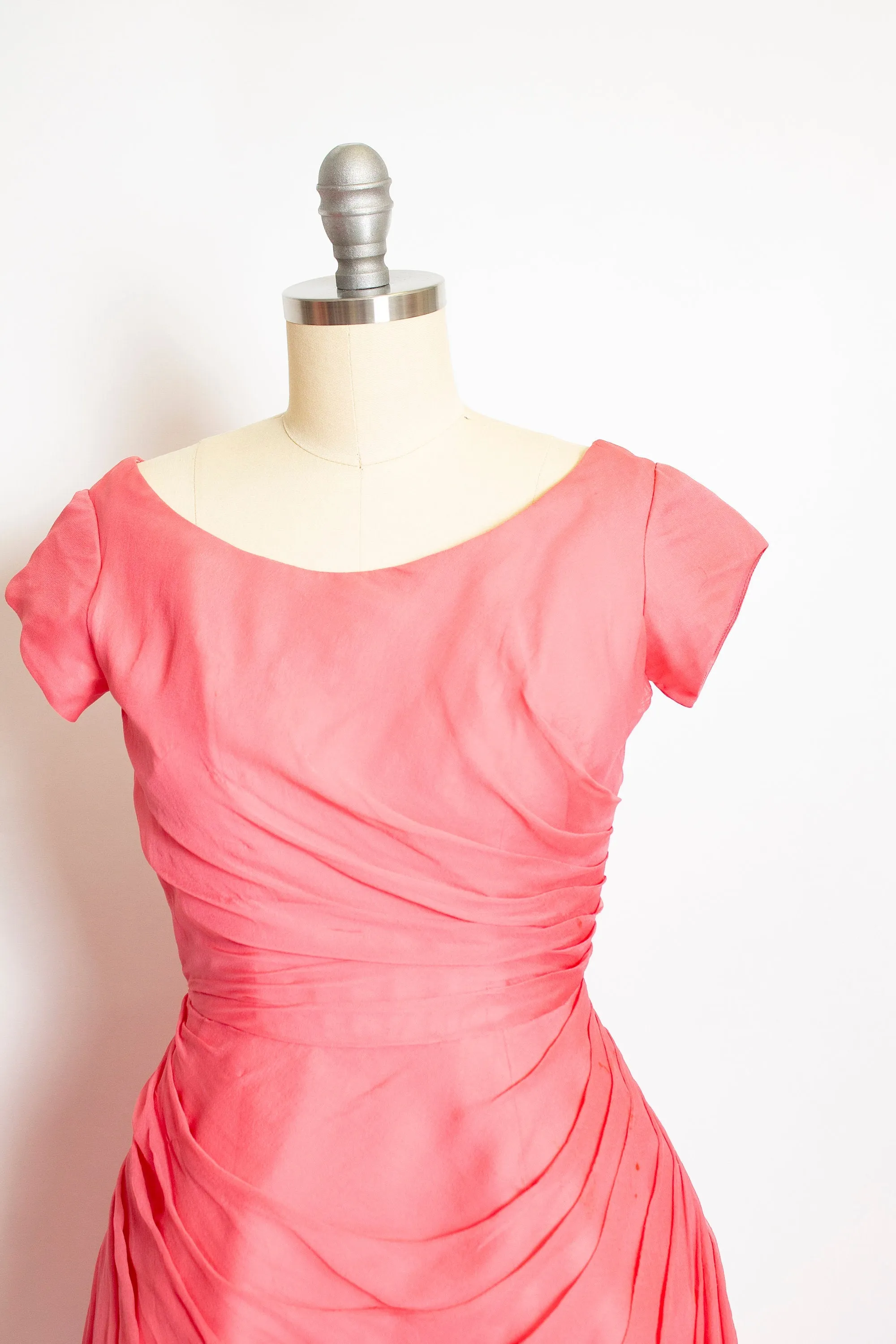 1960s Dress Pink Chiffon Ruched Full Skirt 50s XS