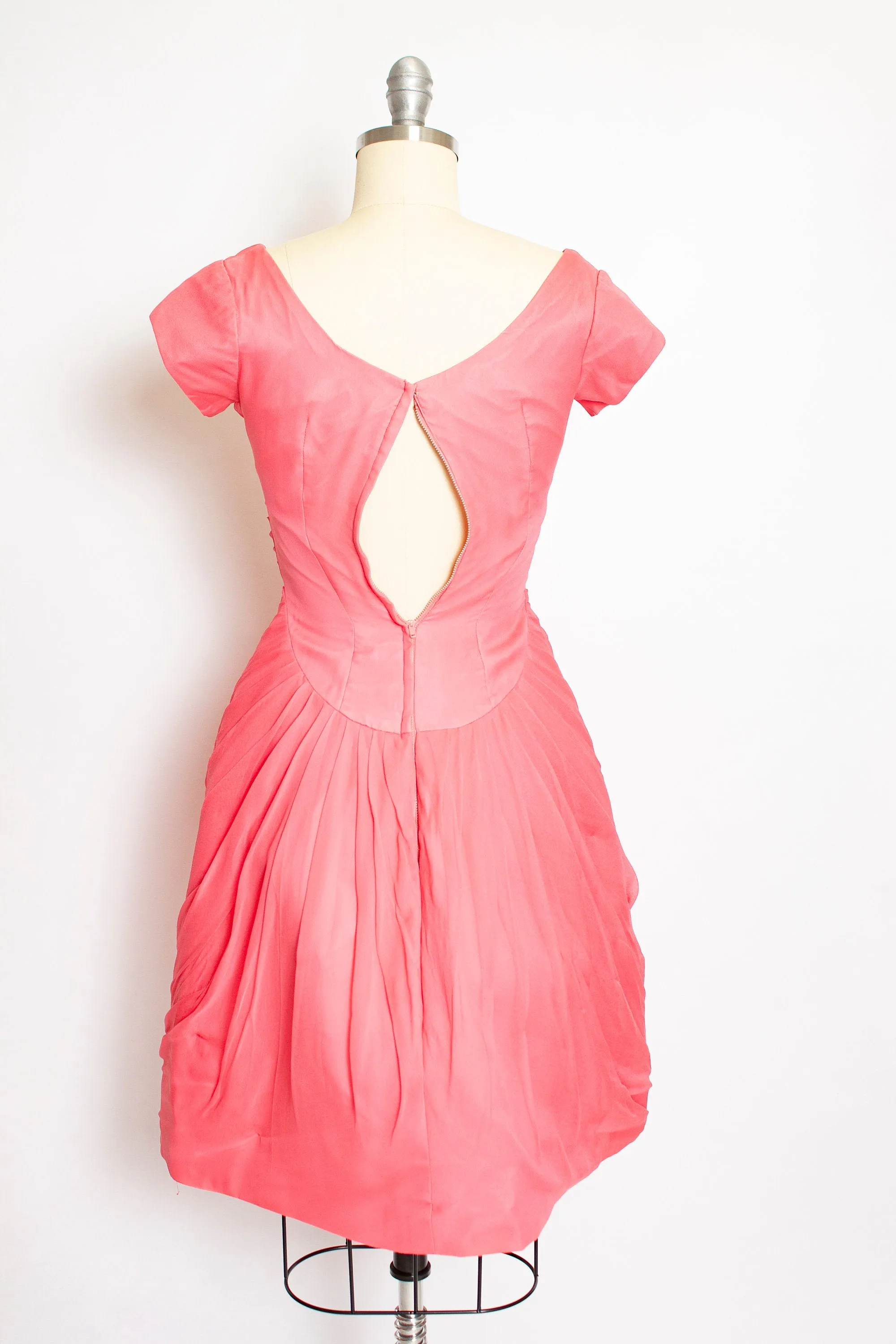 1960s Dress Pink Chiffon Ruched Full Skirt 50s XS