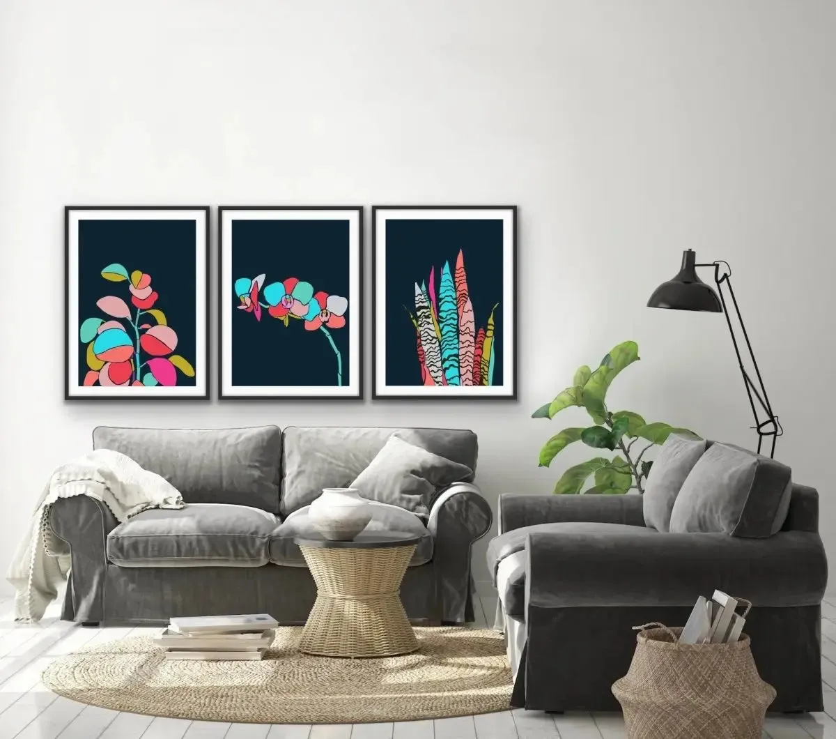 A Botanical Rainbow - Three Piece Blue Jungle Canvas Print Set Triptych