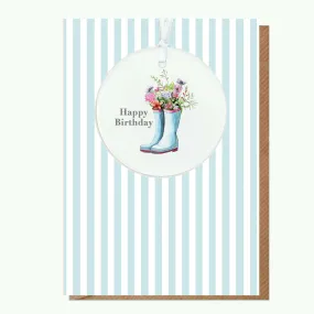 A6 Greeting Card with Ceramic Keepsake - Flowers & Wellies Happy Birthday