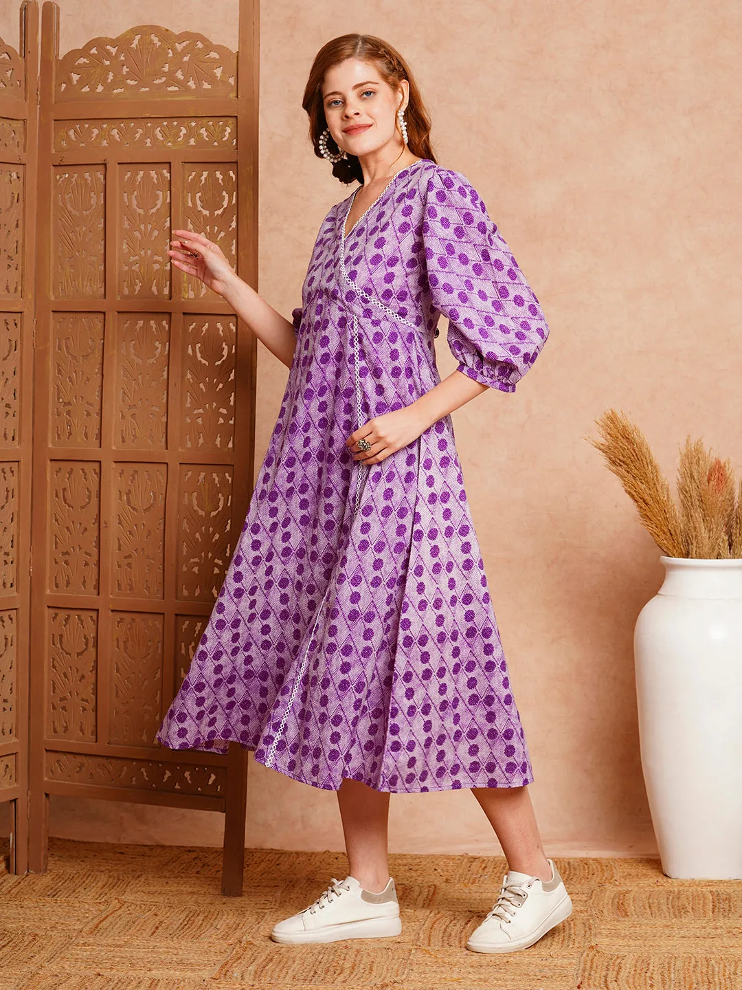 Abstract Polka Dot Printed A-Line Paneled Midi Cotton Dress - Purple