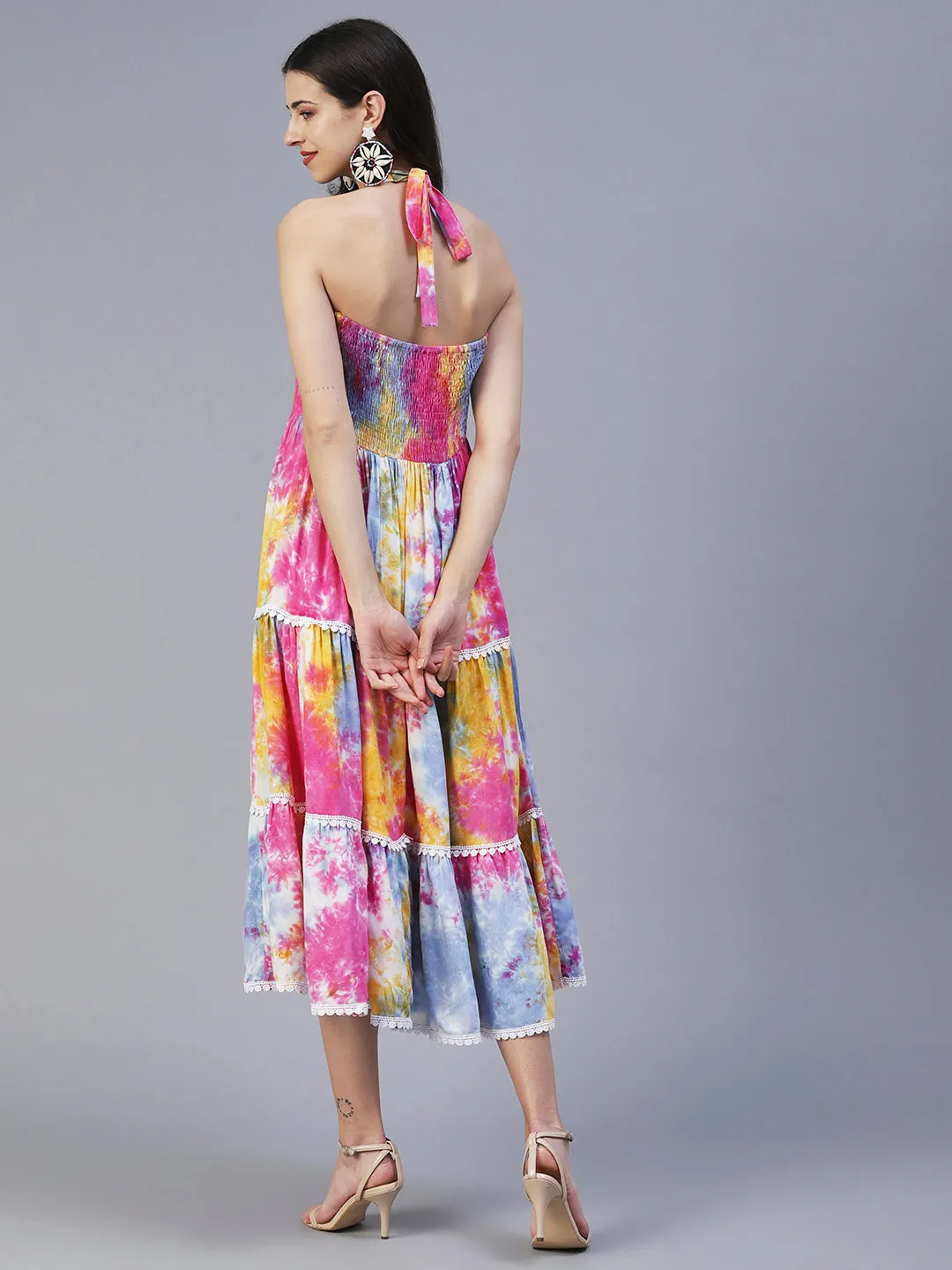 Abstract Tie - Dye Printed Tiered Flared Midi Dress - Multi