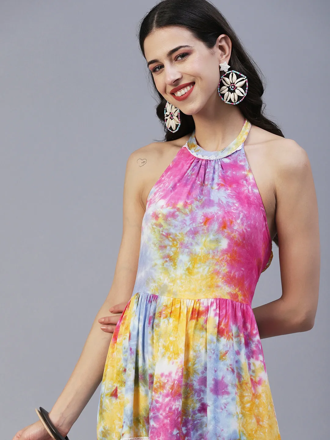 Abstract Tie - Dye Printed Tiered Flared Midi Dress - Multi