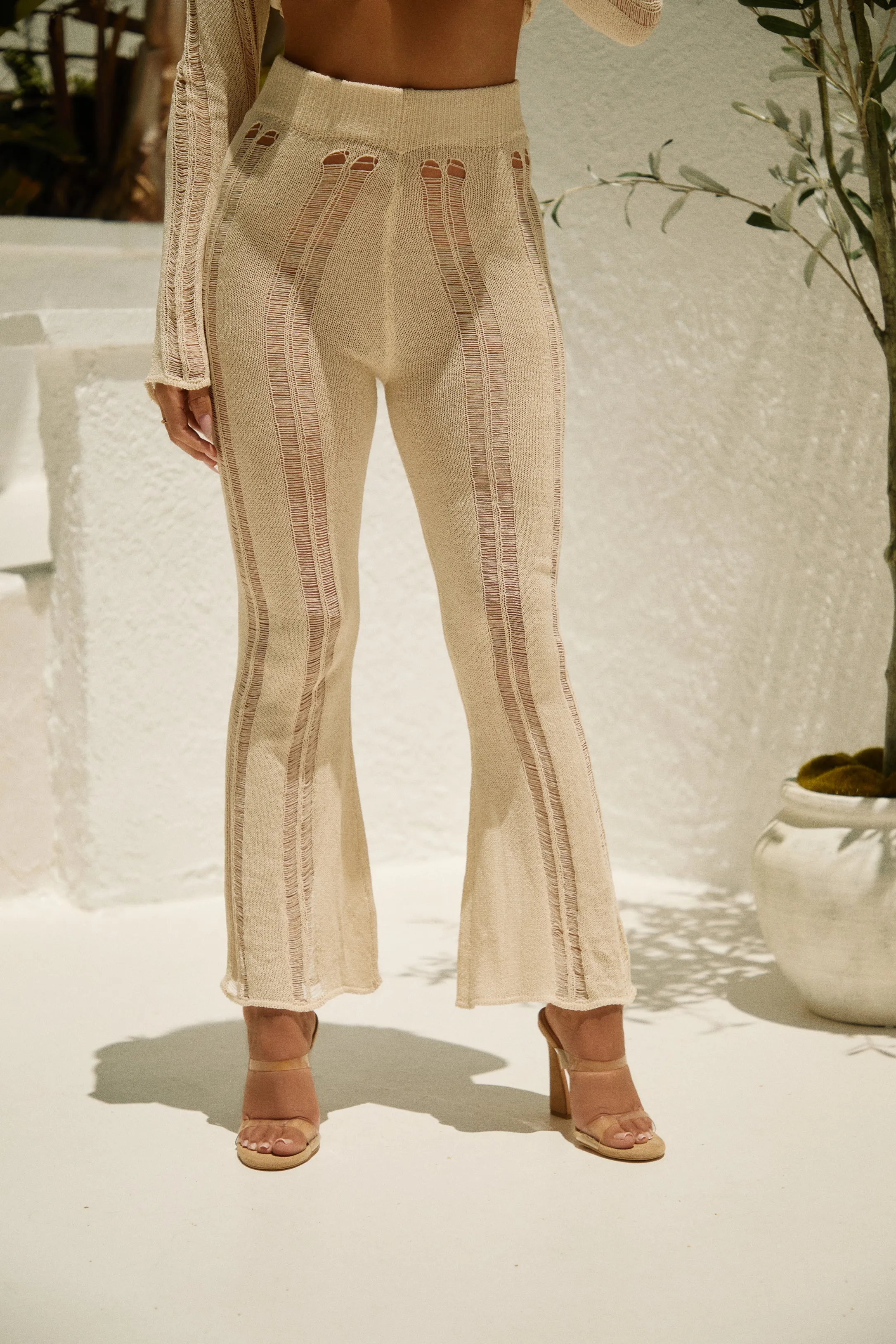 Adelina Crochet Knit High Waist Pant - Natural