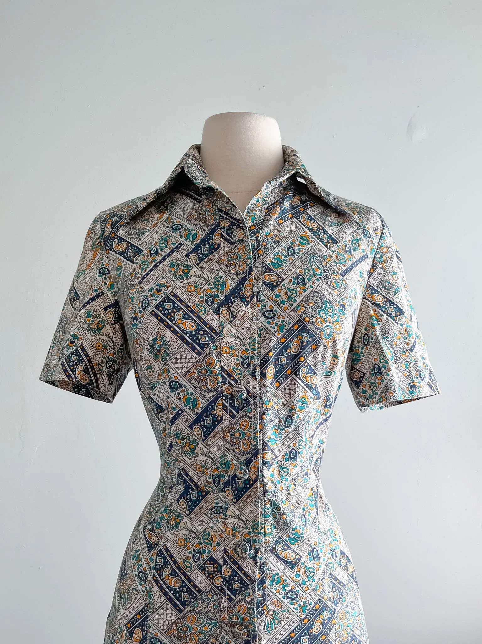 Amazing Paisley Printed 1960's Shirt Dress / Sz M