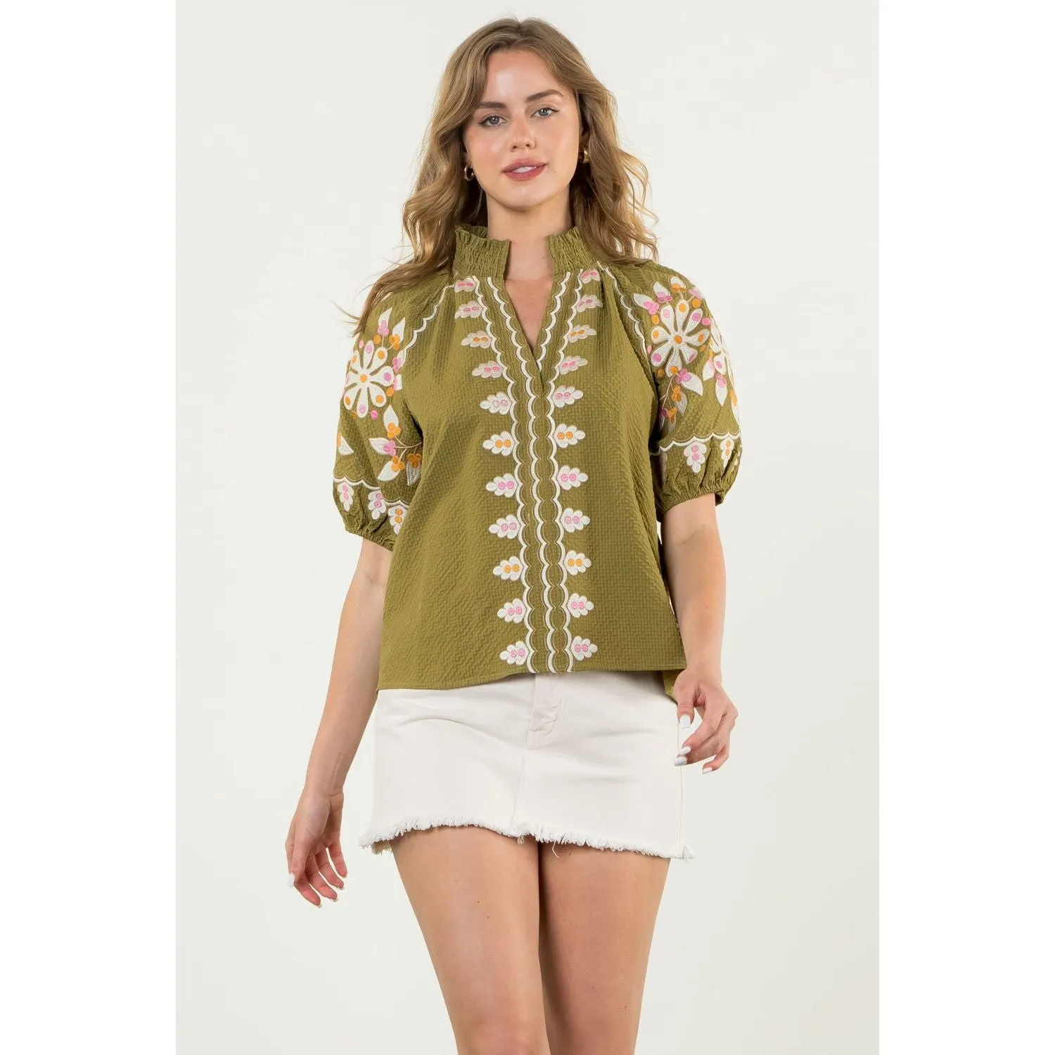 Anabelle Embroidered Puff Sleeve Textured THML Top