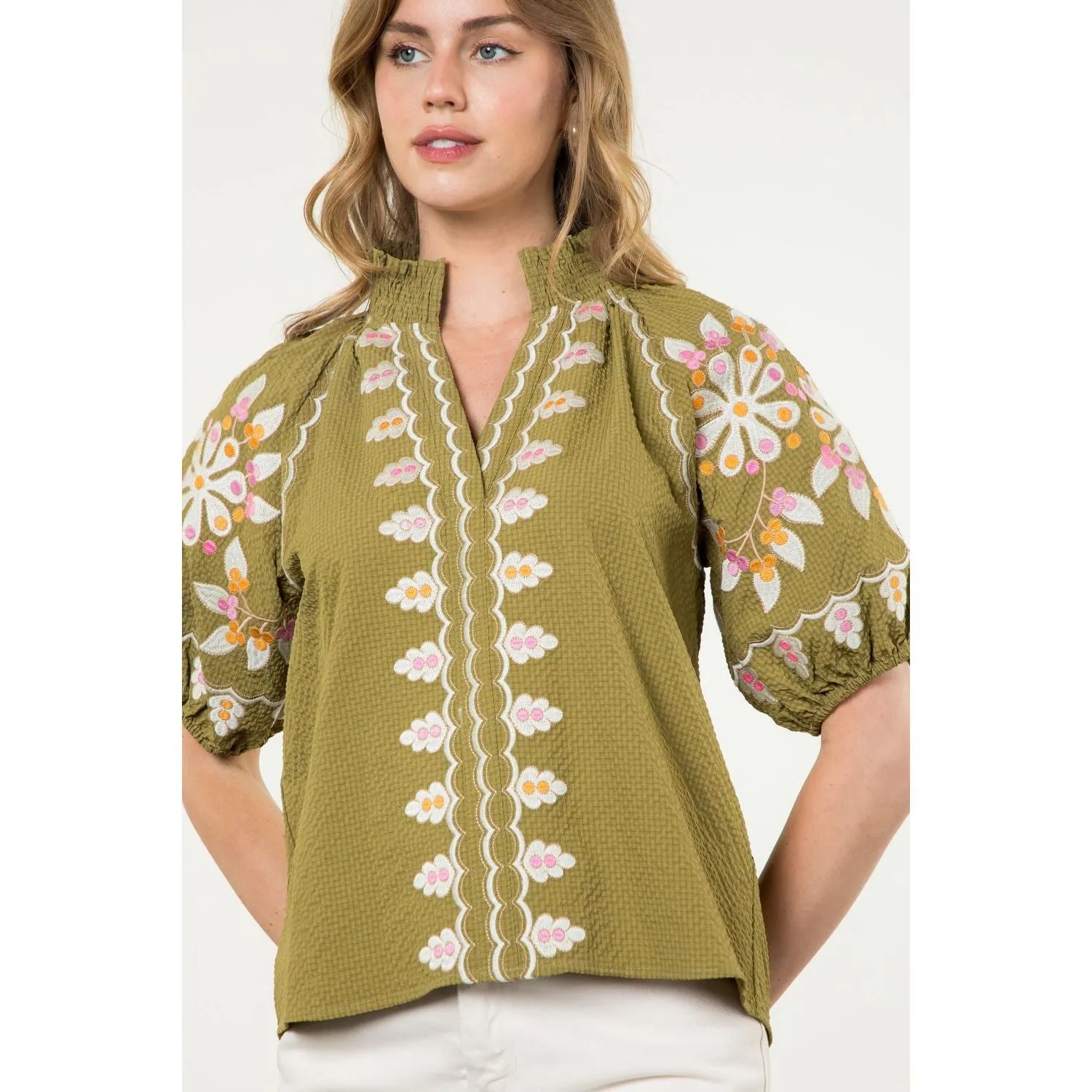 Anabelle Embroidered Puff Sleeve Textured THML Top