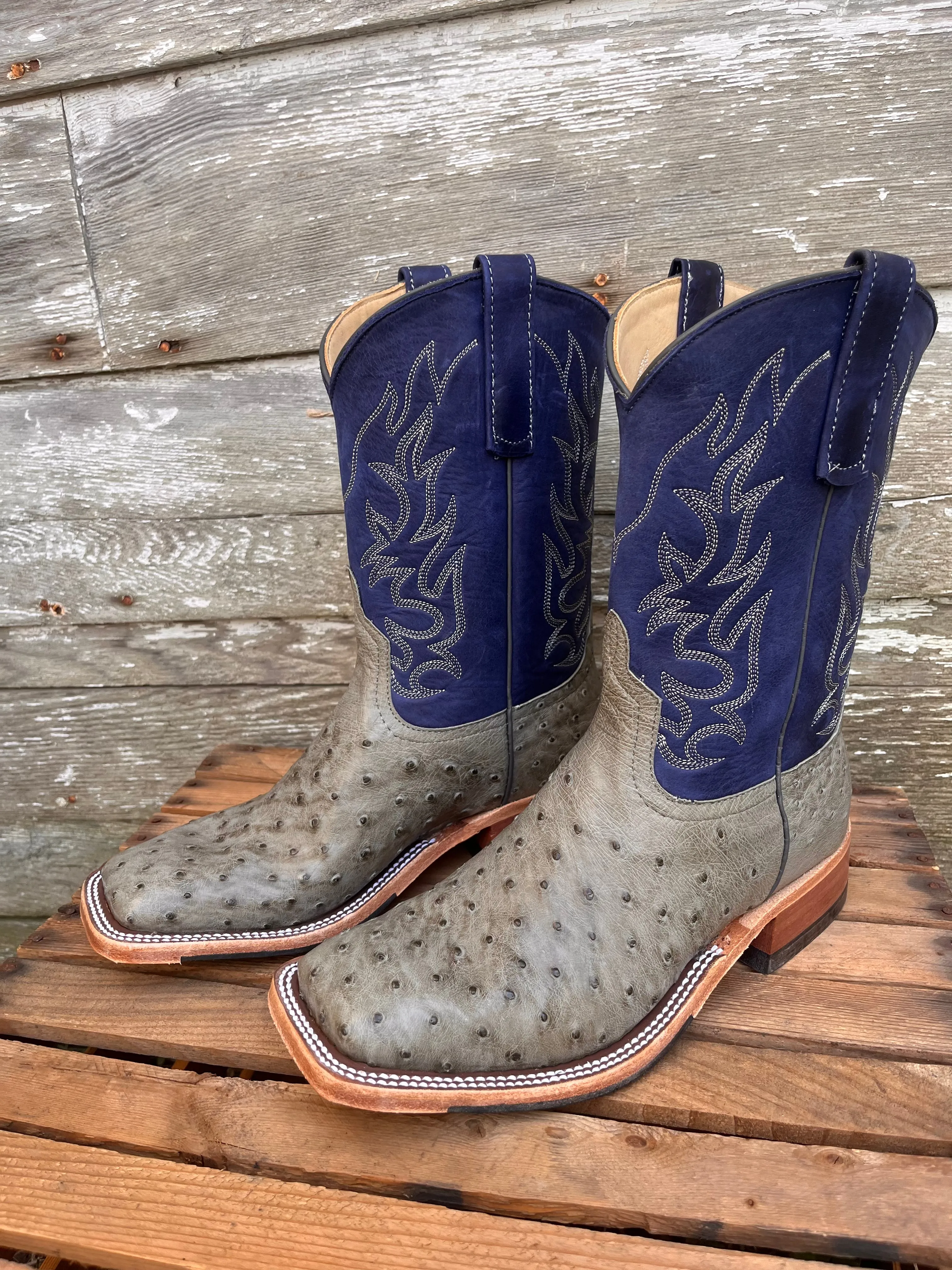 Anderson Bean Men's 10" Mouse Bruciato Ostrich & Royal Blue Wyoming Square Toe Cowboy Boots 339589