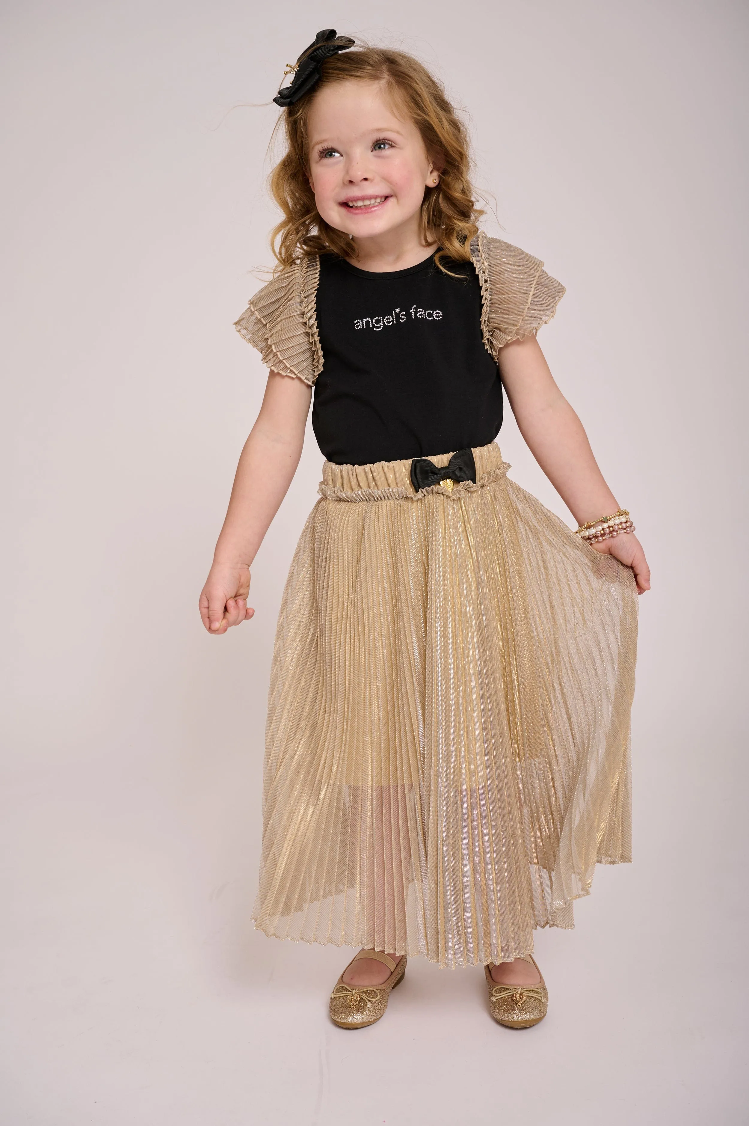 Angels Face Girls Priya Pleated Metallic Skirt in Gold