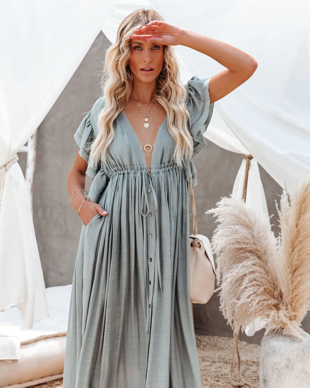 Anika Pocketed Button Down Ruffle Maxi Dress - Sage Dust