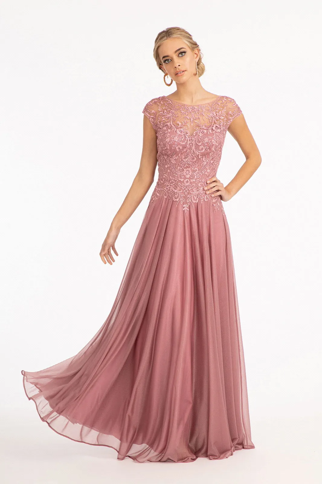 Applique Cap Sleeve Chiffon Gown by Elizabeth K GL3068