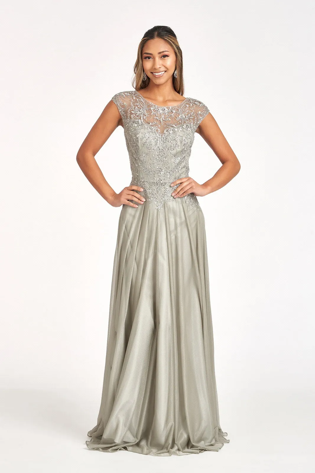 Applique Cap Sleeve Chiffon Gown by Elizabeth K GL3068