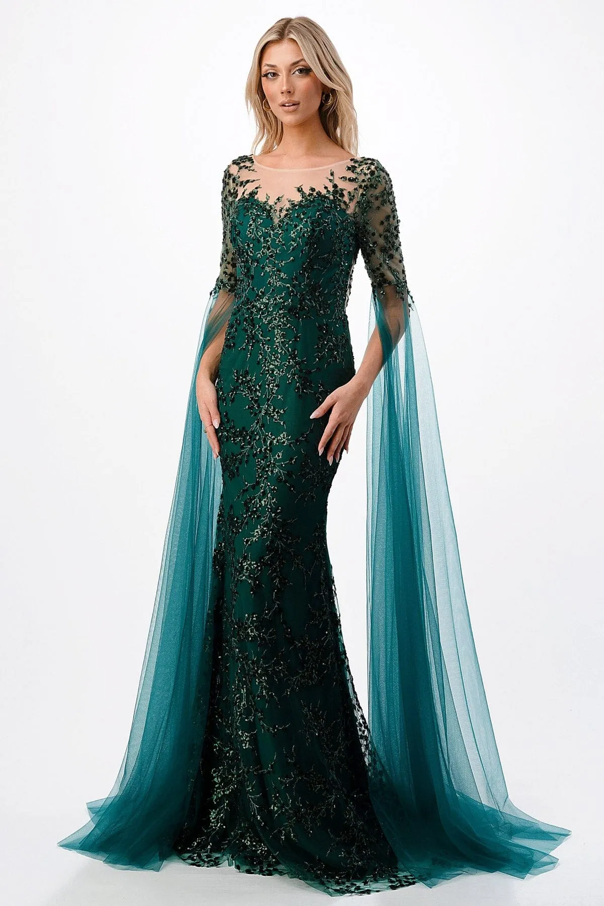 Applique Cape Sleeve Mermaid Dress by Coya P2221