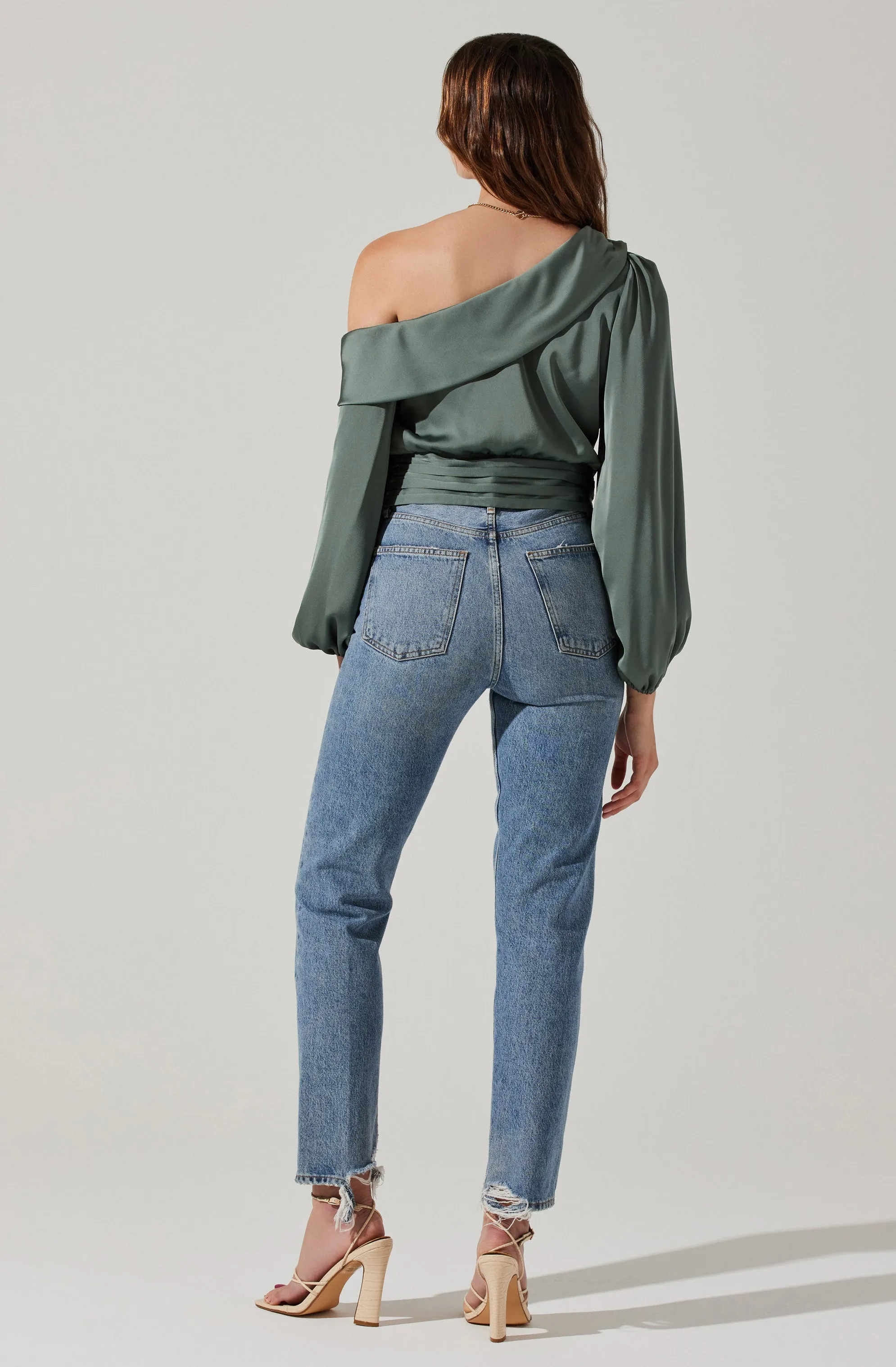 Asymmetrical Cinched Waist Long Sleeve Top