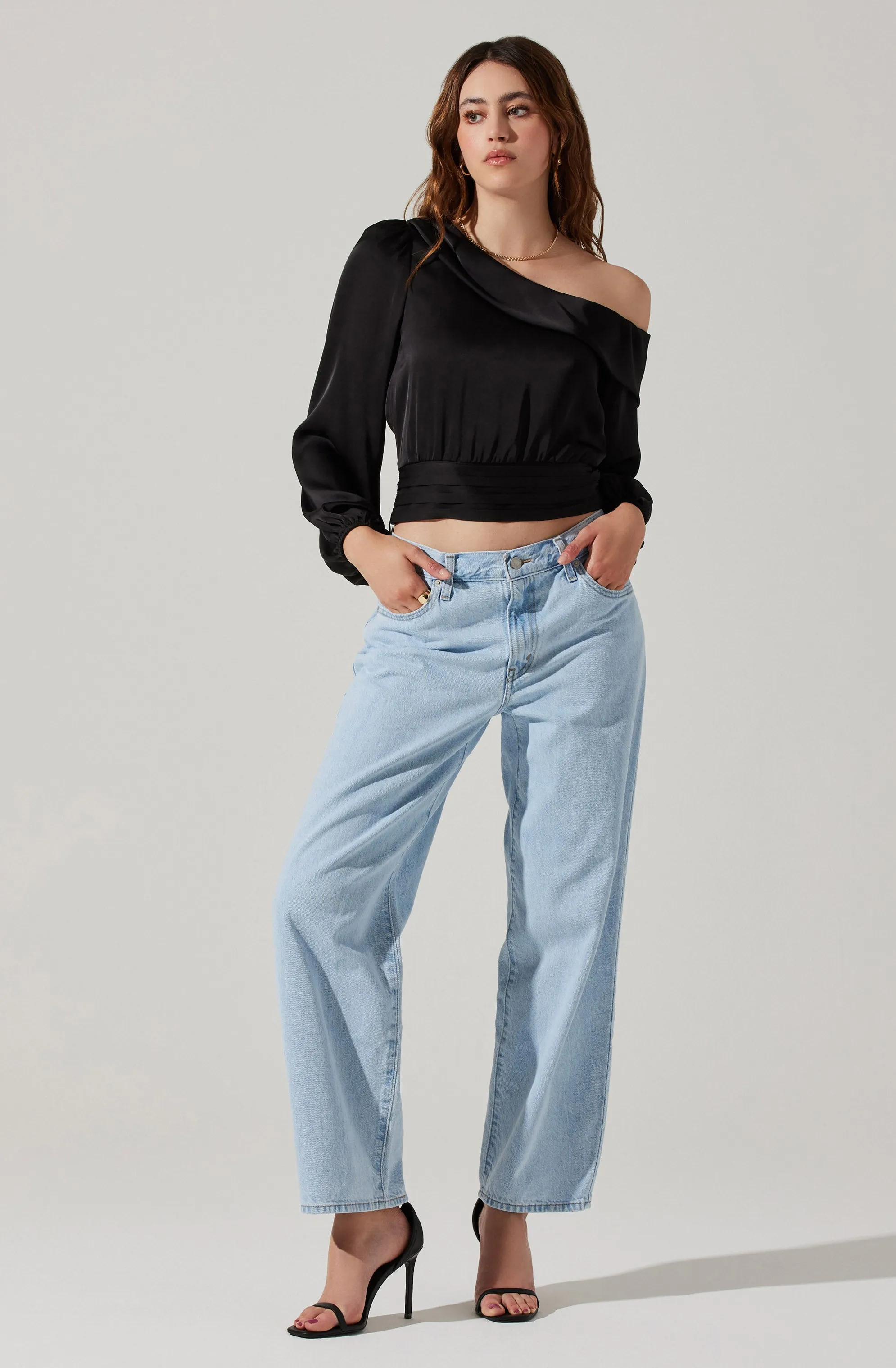 Asymmetrical Cinched Waist Long Sleeve Top