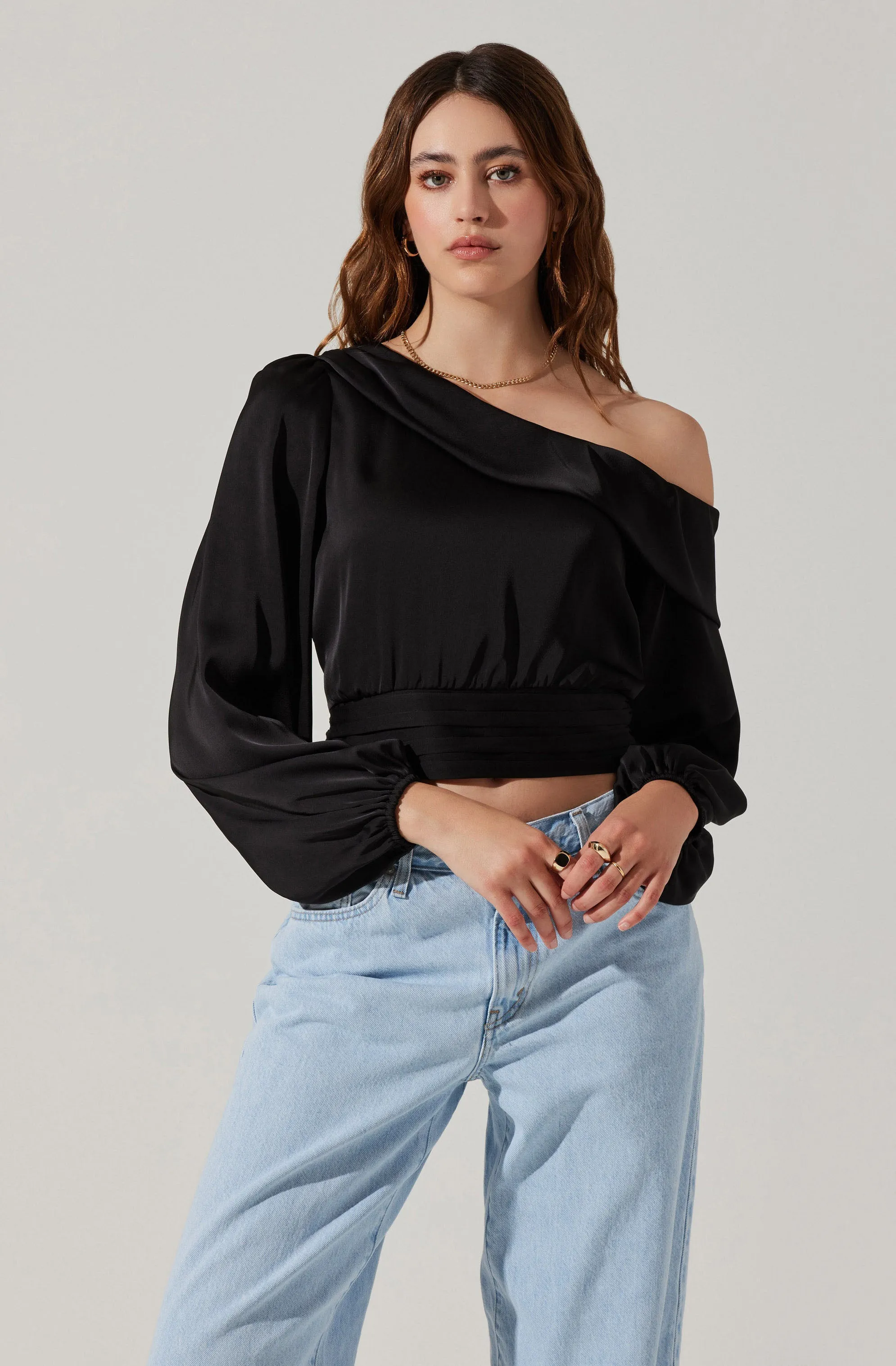 Asymmetrical Cinched Waist Long Sleeve Top