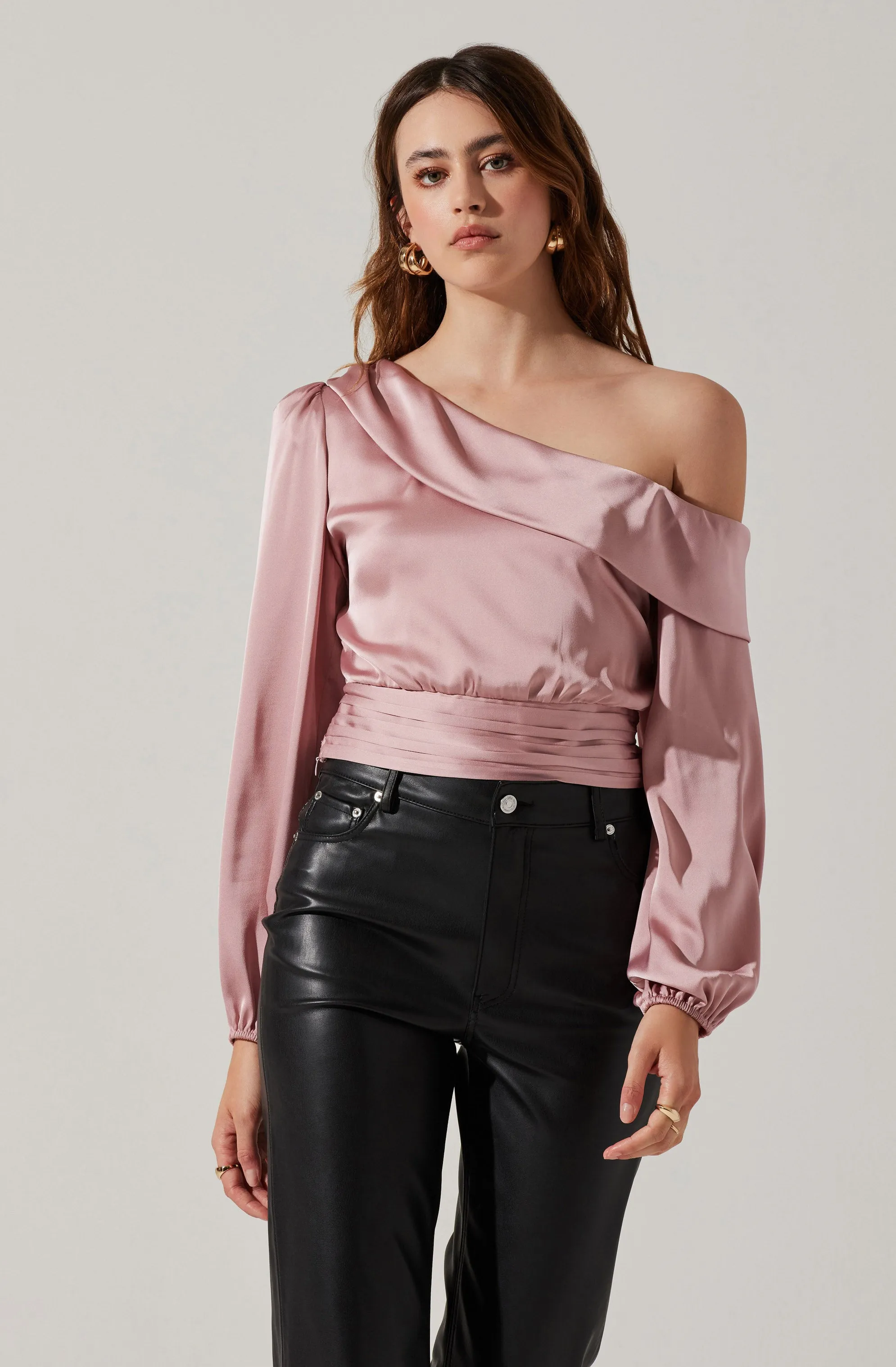 Asymmetrical Cinched Waist Long Sleeve Top