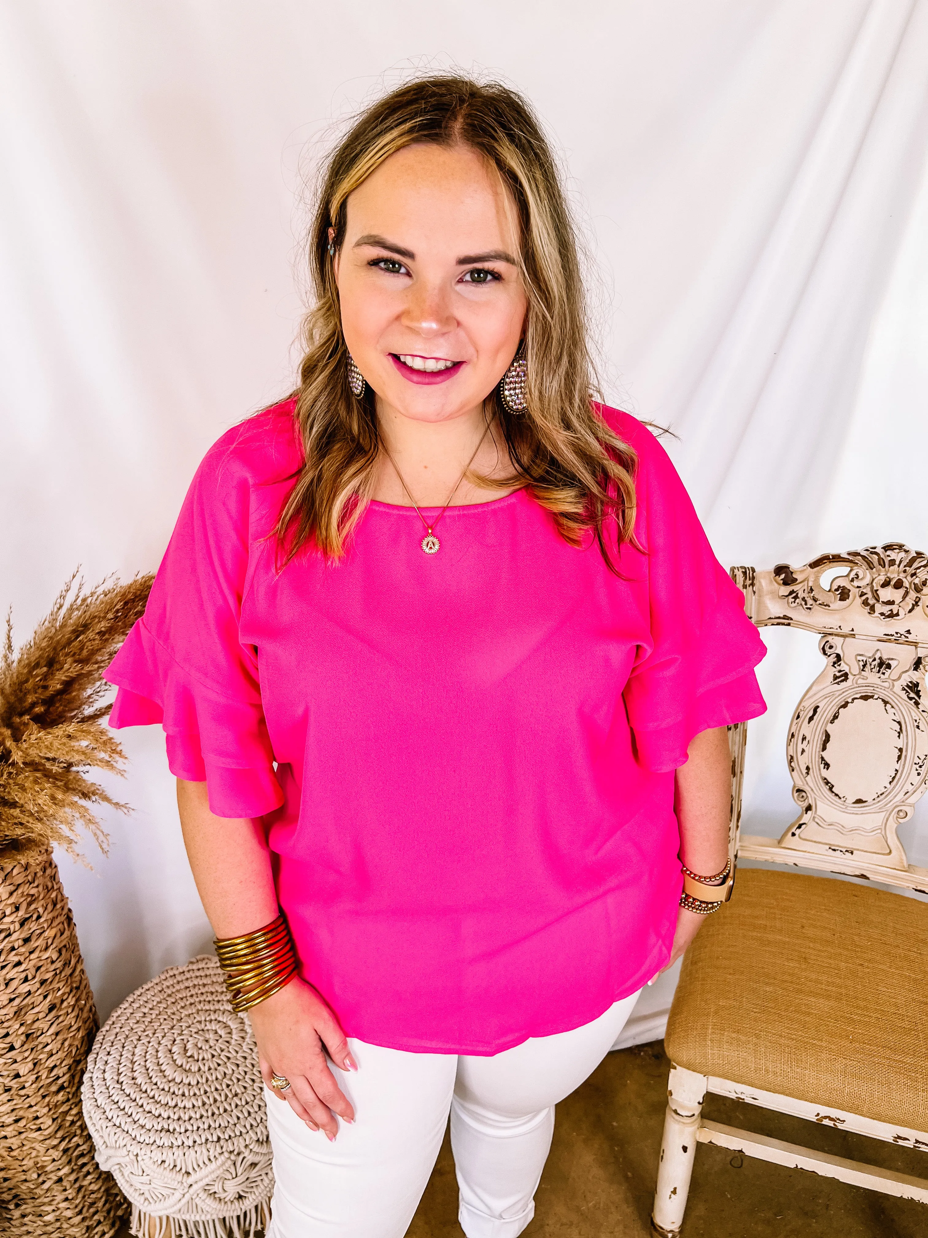 Basic Needs Ruffle Sleeve Top in Hot Pink