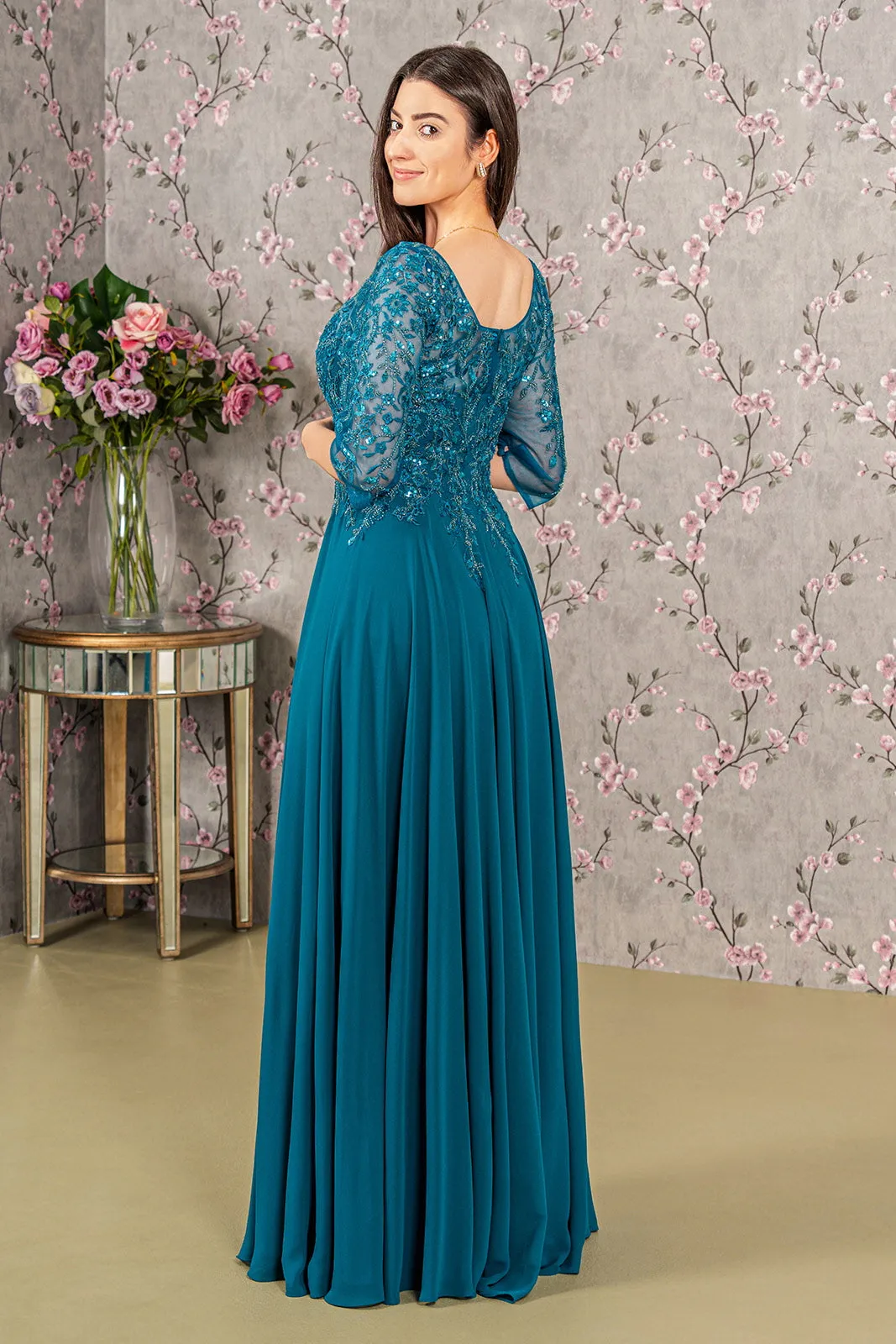 Bead Applique 3/4 Sleeve A-line Gown by GLS Gloria GL3447