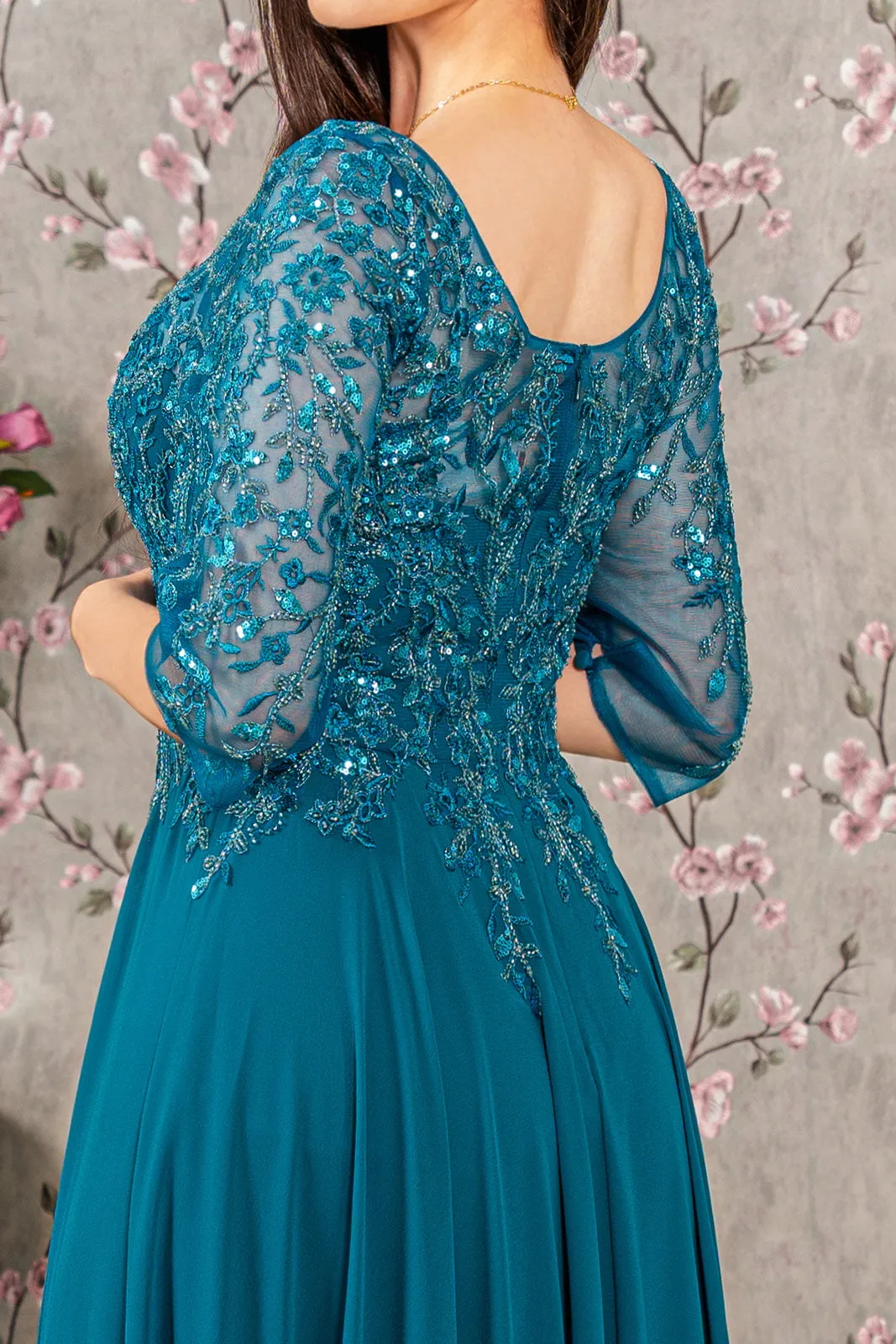 Bead Applique 3/4 Sleeve A-line Gown by GLS Gloria GL3447