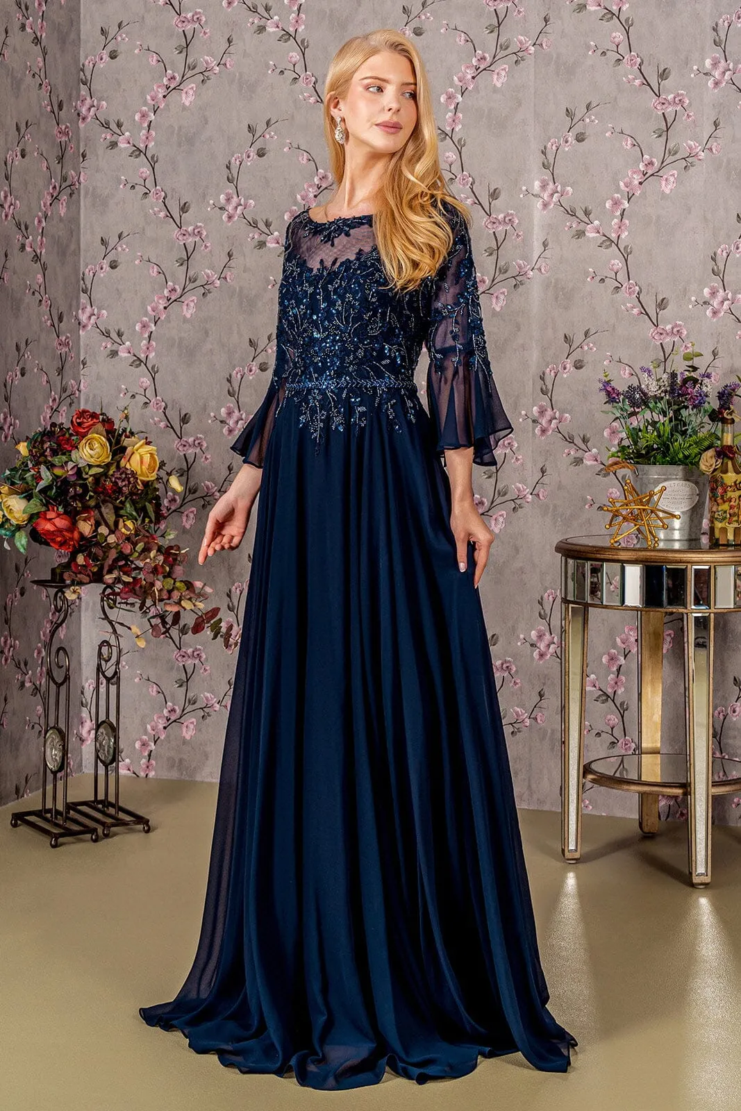 Beaded Chiffon 3/4 Sleeve A-line Gown by GLS Gloria GL3434