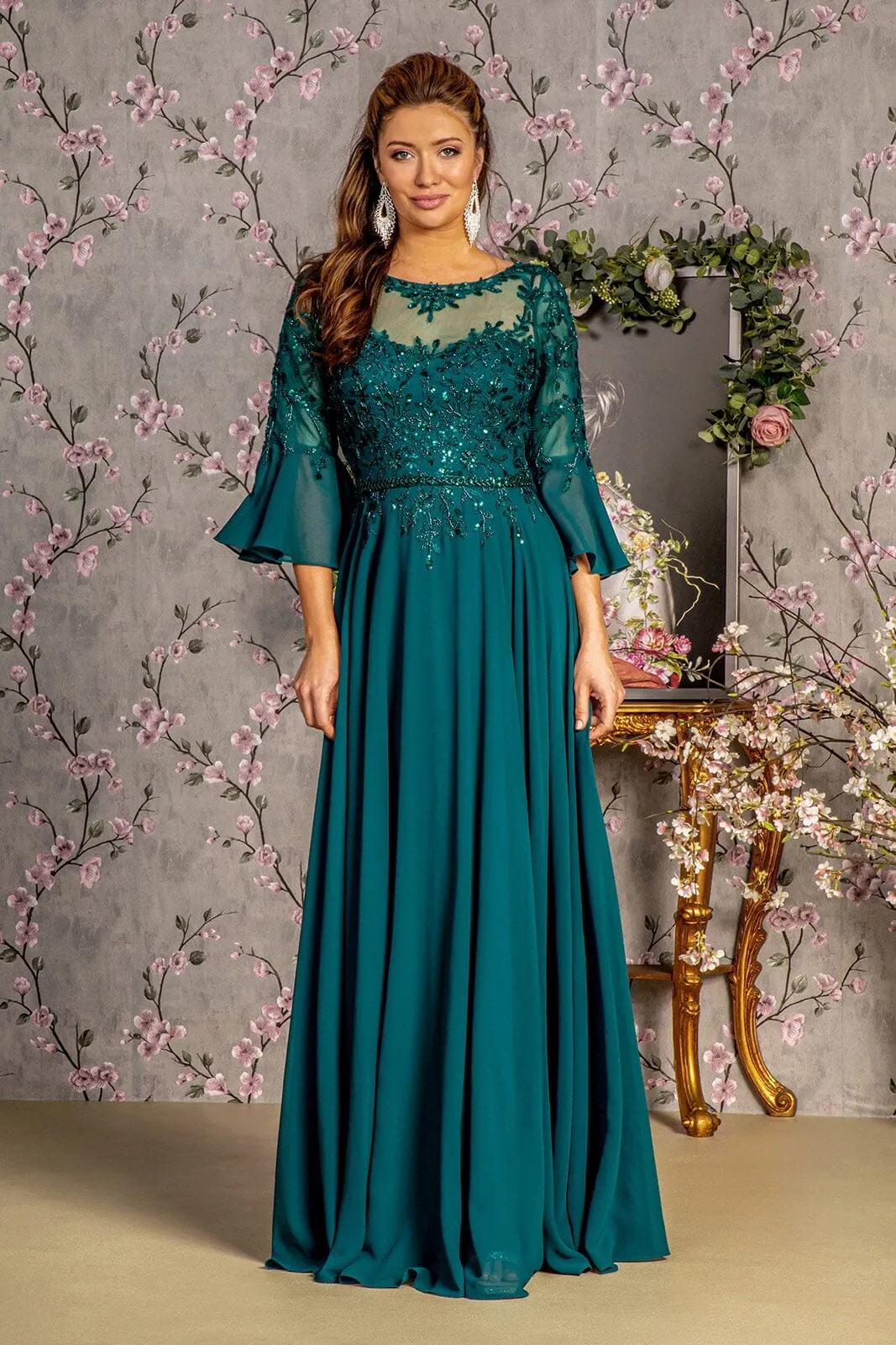 Beaded Chiffon 3/4 Sleeve A-line Gown by GLS Gloria GL3434