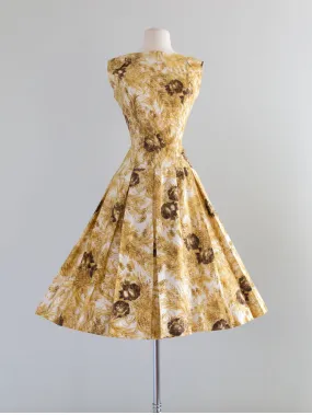 Beautiful 1950's Polished Cotton Golden Rose Print Dress / Small