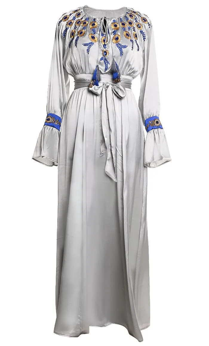 Beautiful Grey Satin Embroidered Detailing Abaya With Tassels And Loose Belt