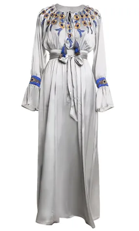 Beautiful Grey Satin Embroidered Detailing Abaya With Tassels And Loose Belt