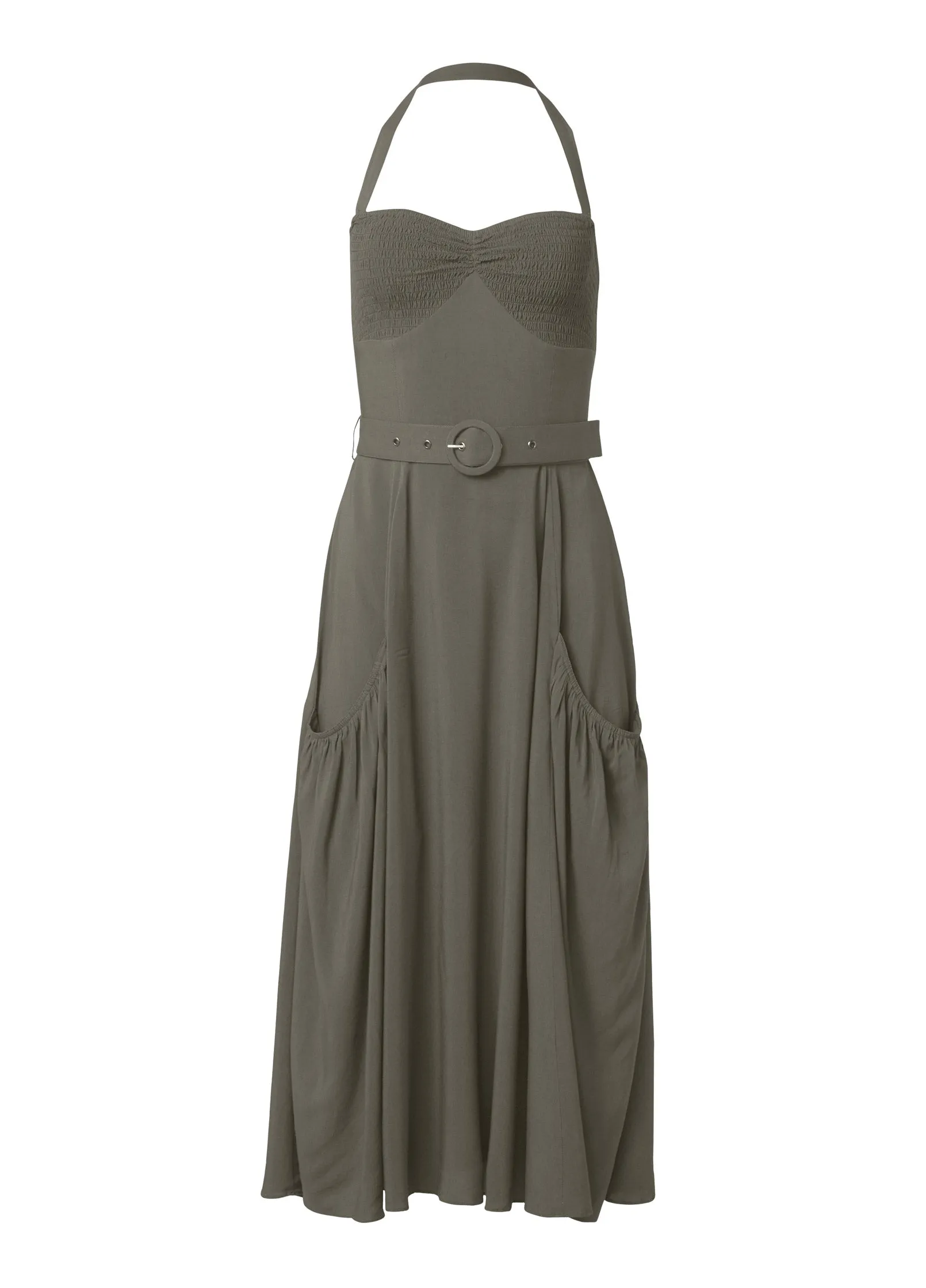 Belted Halter Midi Dress - Olive