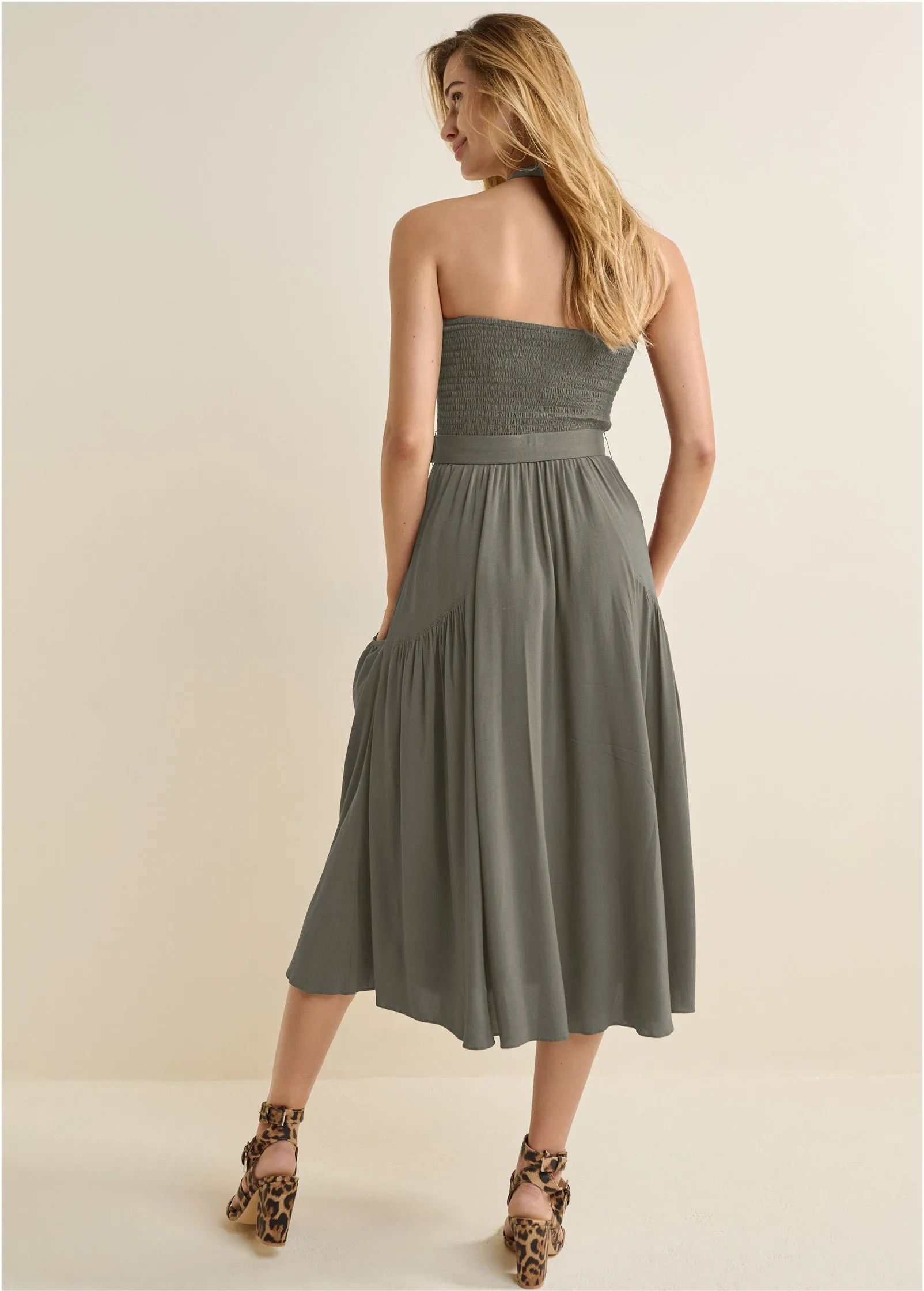 Belted Halter Midi Dress - Olive