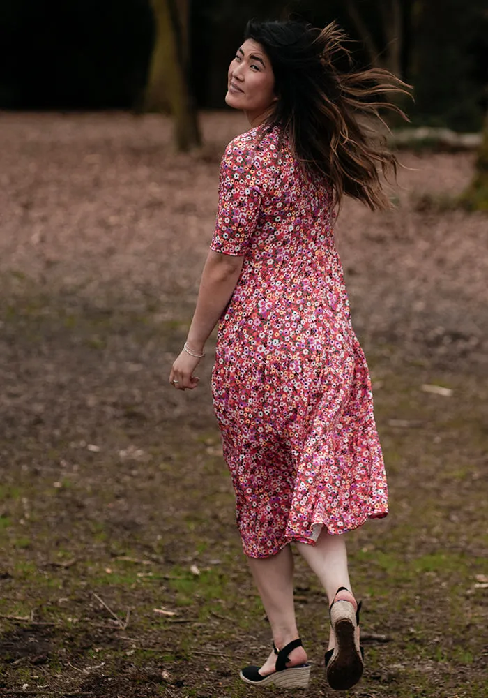 Bianca Red Ditsy Print Tiered Hem Midi Dress