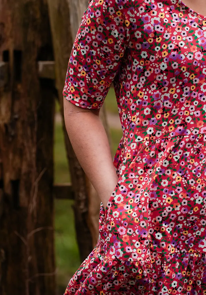 Bianca Red Ditsy Print Tiered Hem Midi Dress