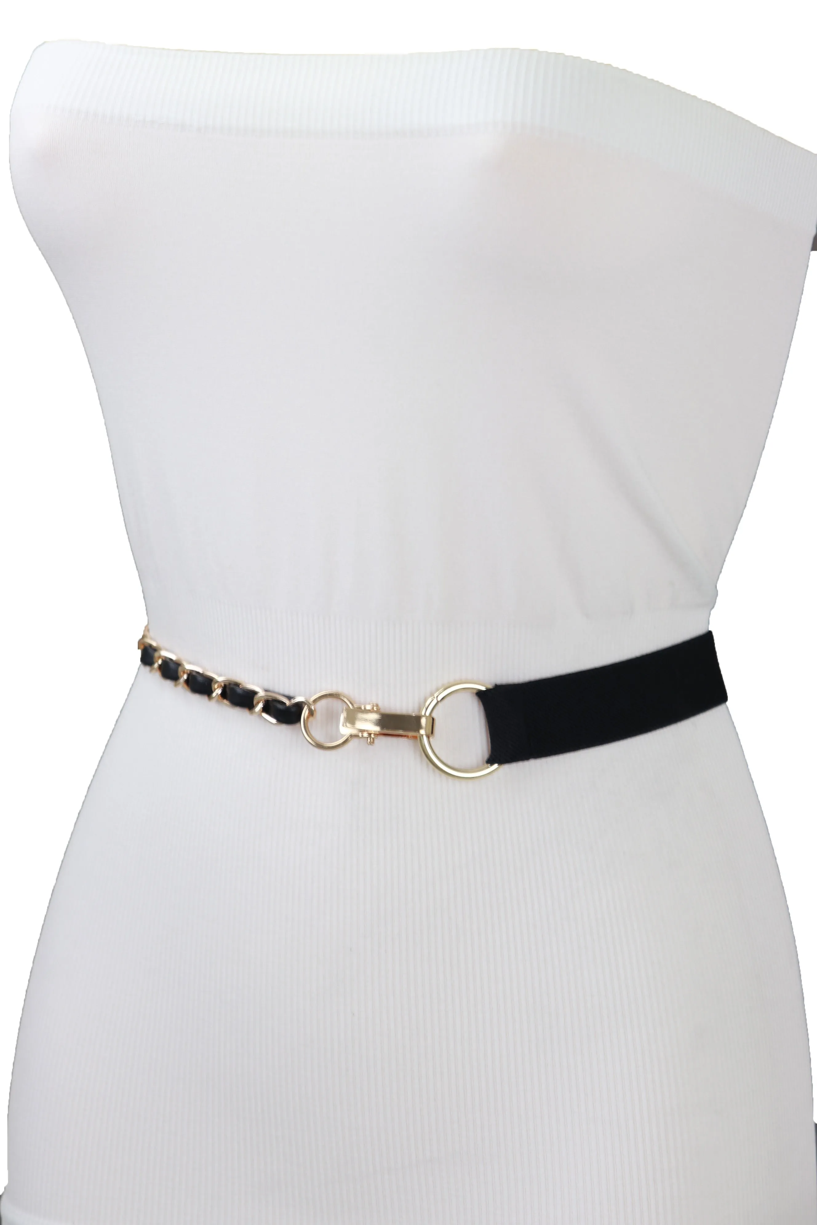 Black Elastic Band Belt Gold Metal Chain S M