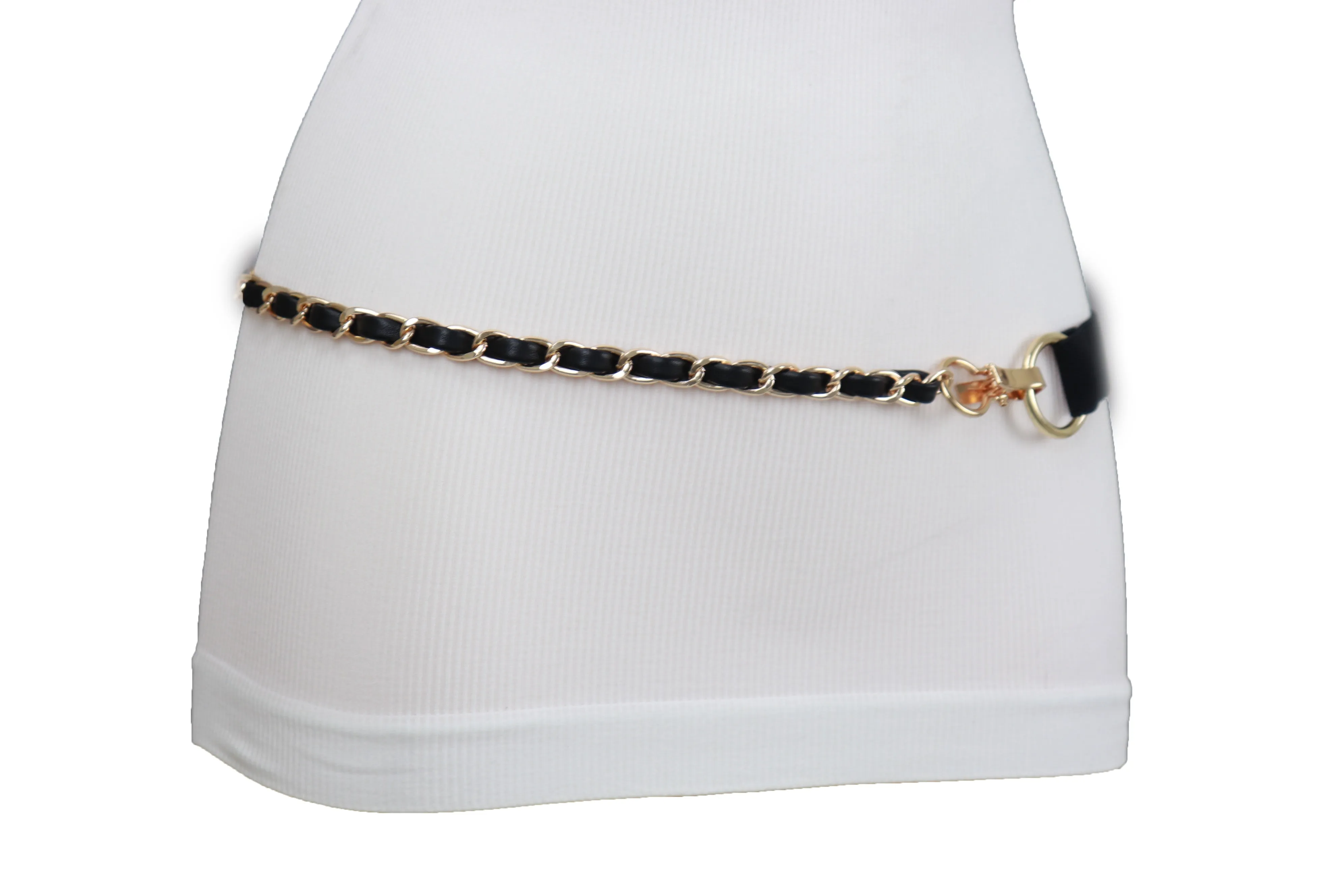 Black Elastic Band Belt Gold Metal Chain S M