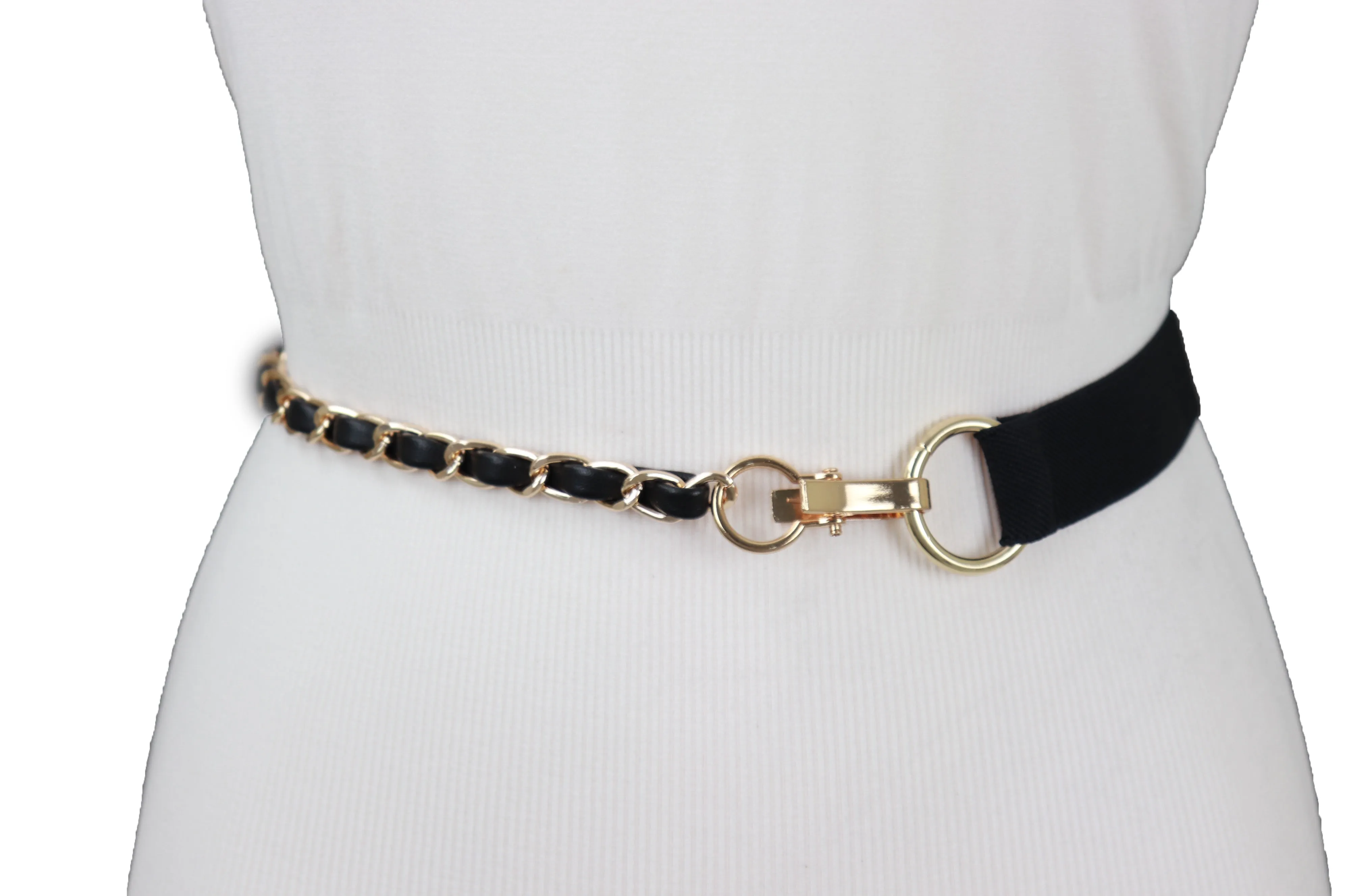 Black Elastic Band Belt Gold Metal Chain S M