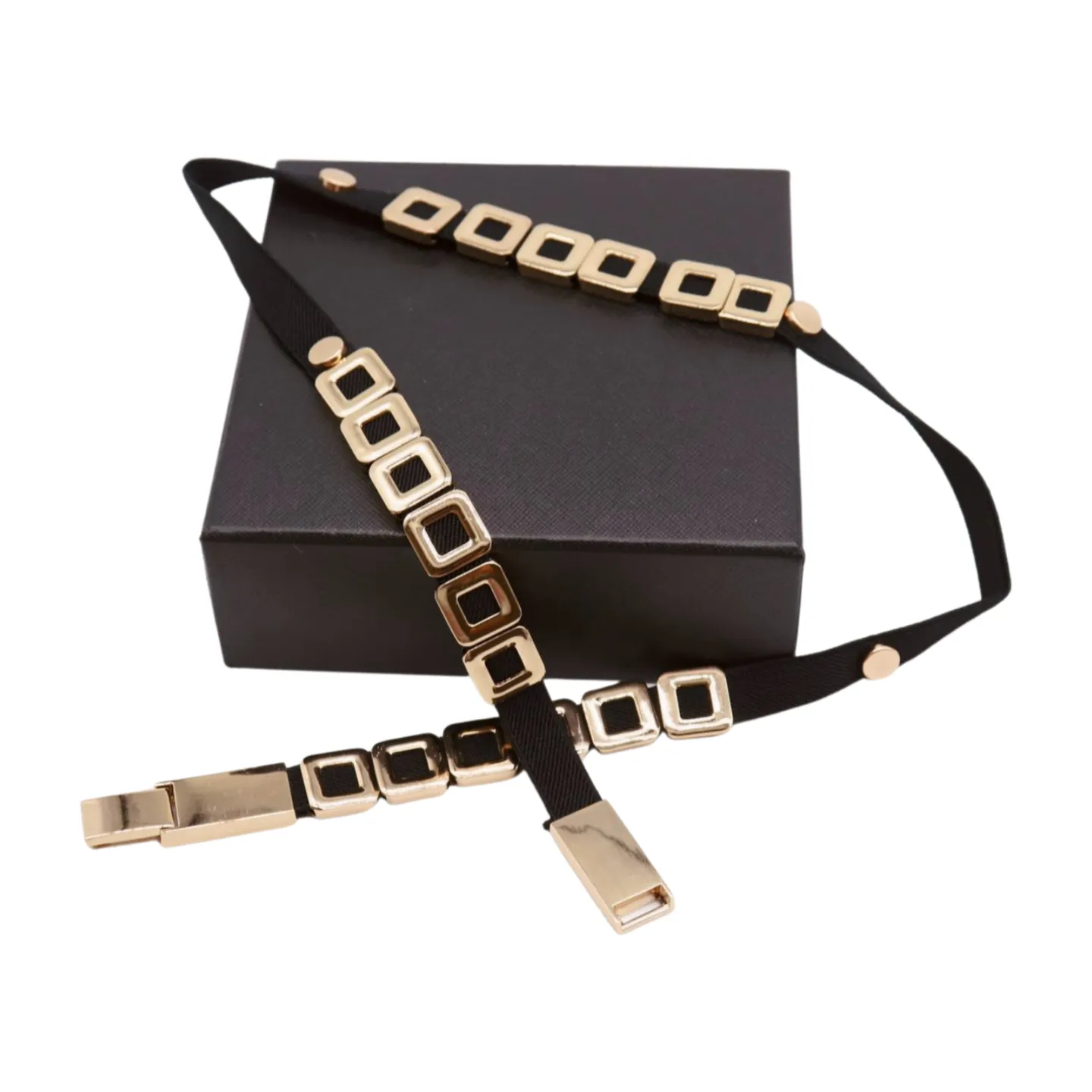 Black Elastic Fashion Belt Gold Metal Square Charms S M L