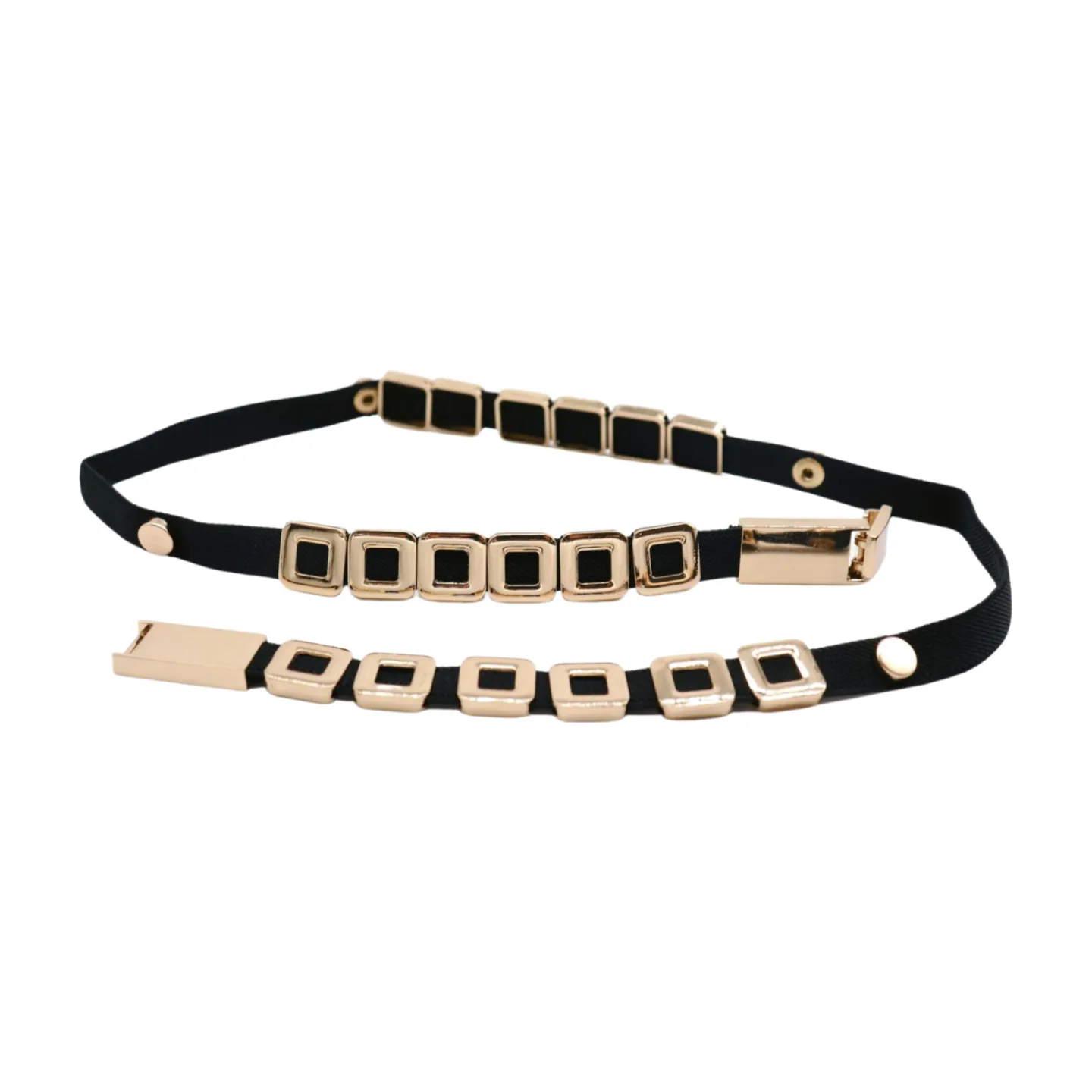 Black Elastic Fashion Belt Gold Metal Square Charms S M L