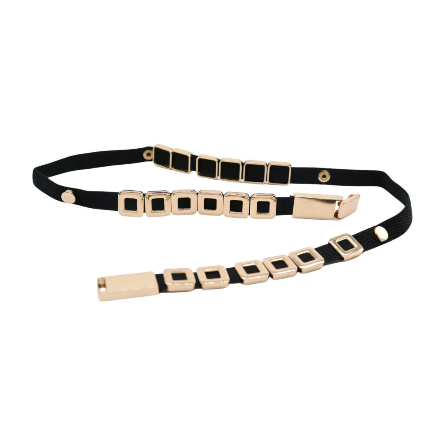 Black Elastic Fashion Belt Gold Metal Square Charms S M L