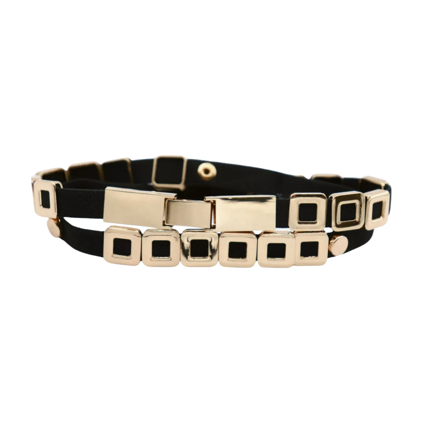 Black Elastic Fashion Belt Gold Metal Square Charms S M L