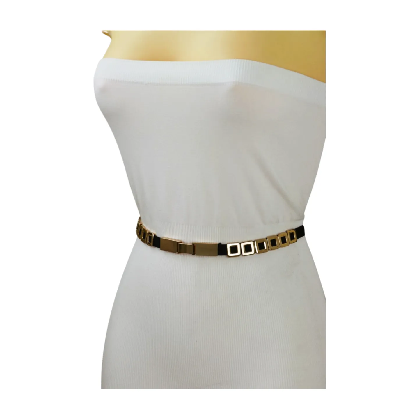 Black Elastic Fashion Belt Gold Metal Square Charms S M L