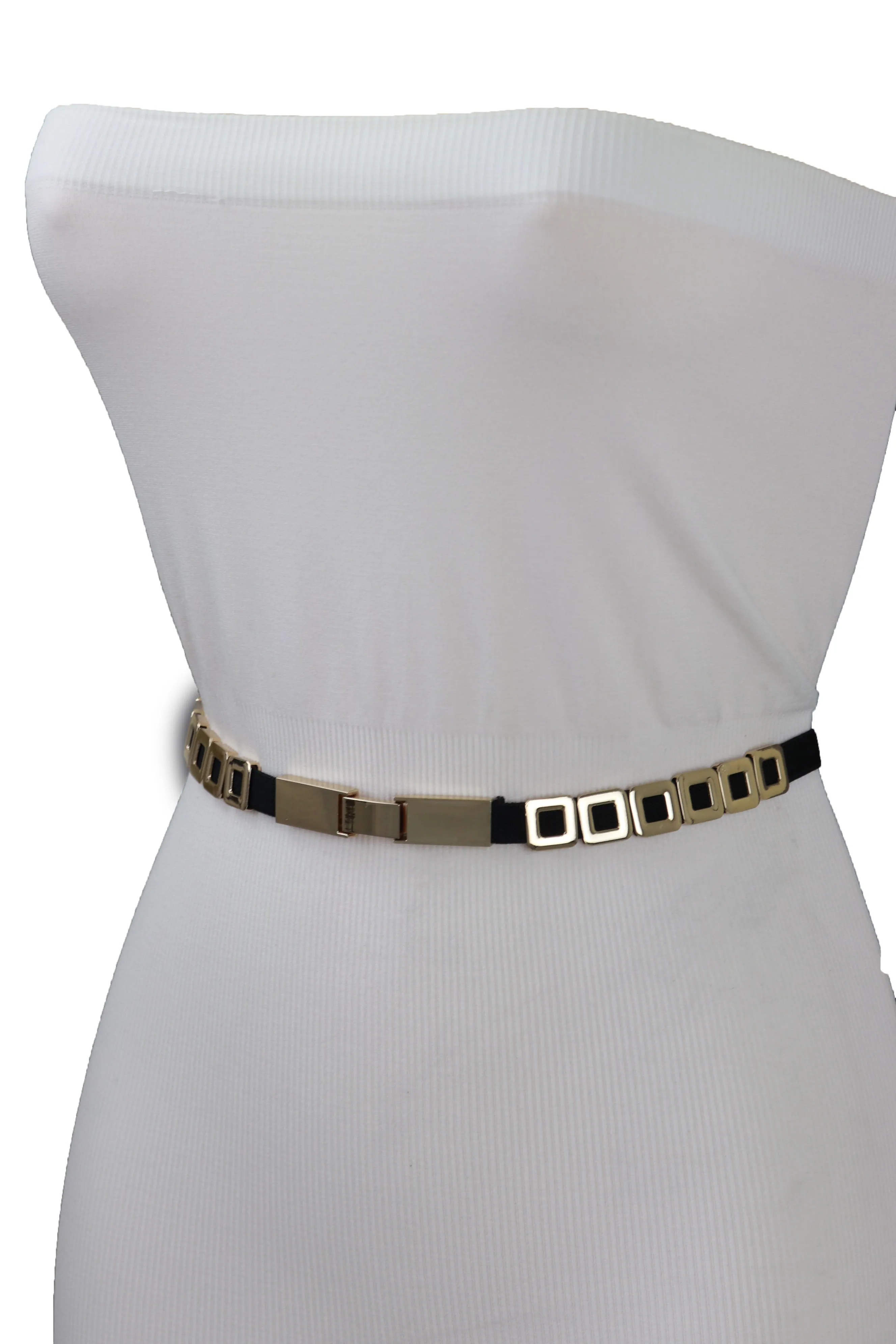 Black Elastic Fashion Belt Gold Metal Square Charms S M L