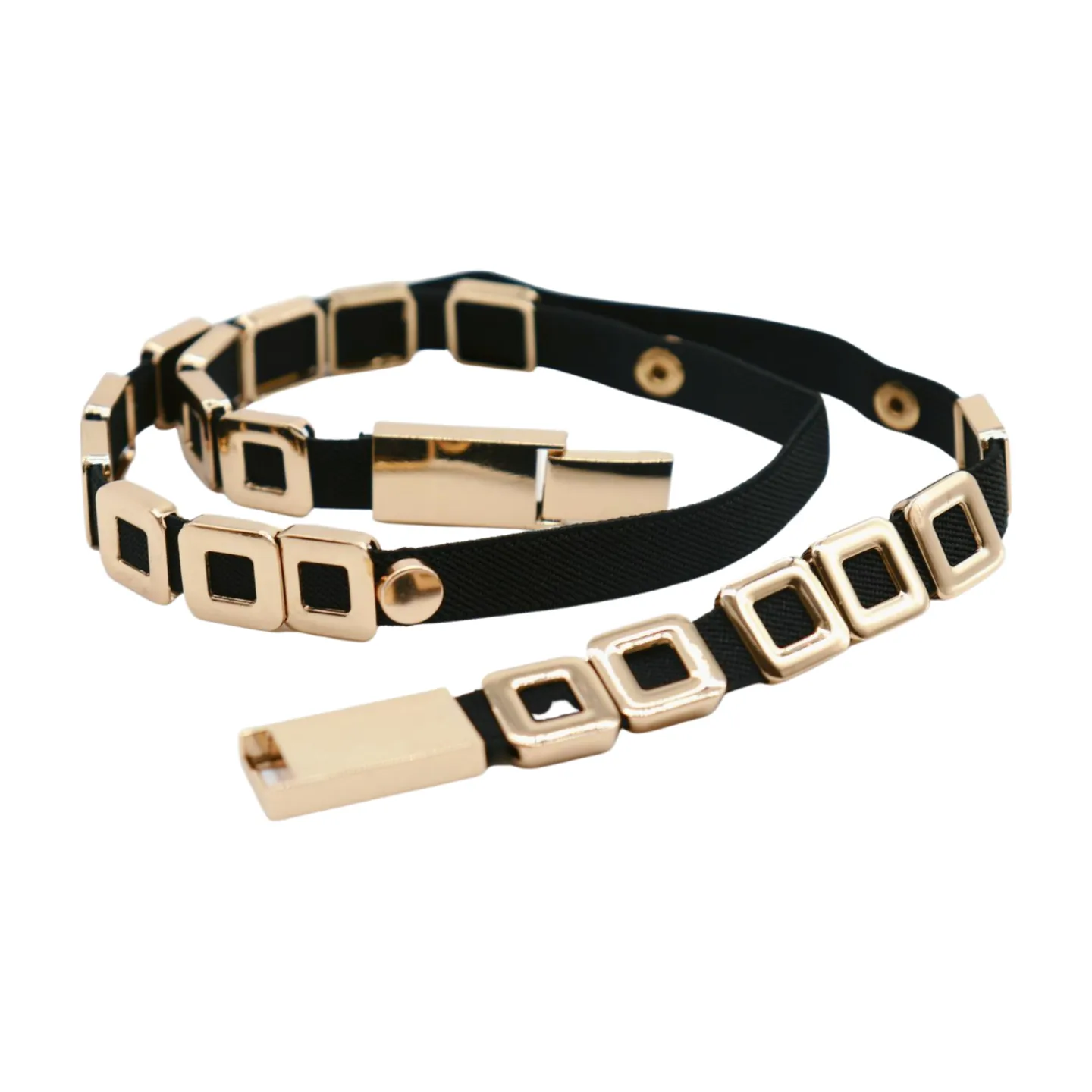 Black Elastic Fashion Belt Gold Metal Square Charms S M L