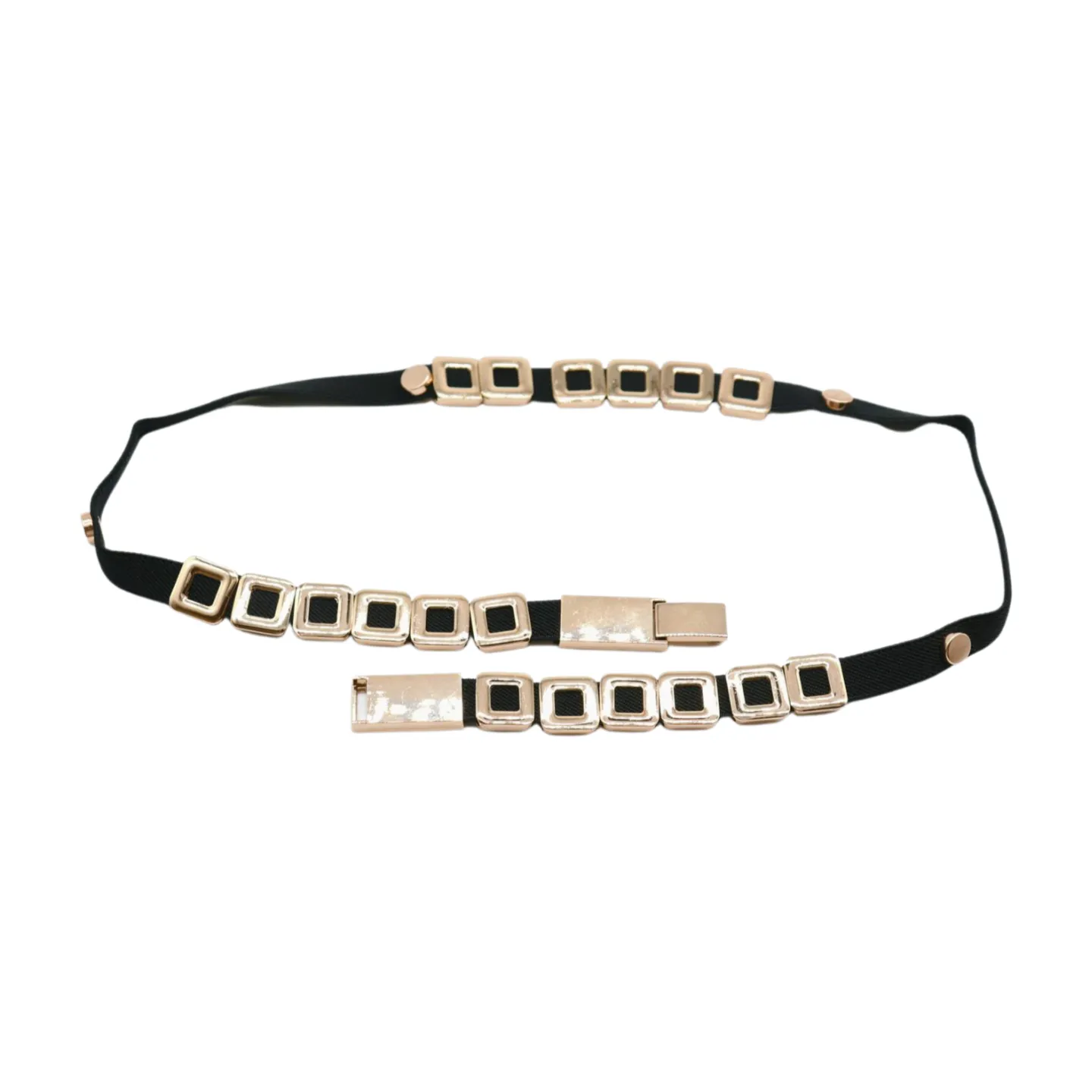 Black Elastic Fashion Belt Gold Metal Square Charms S M L